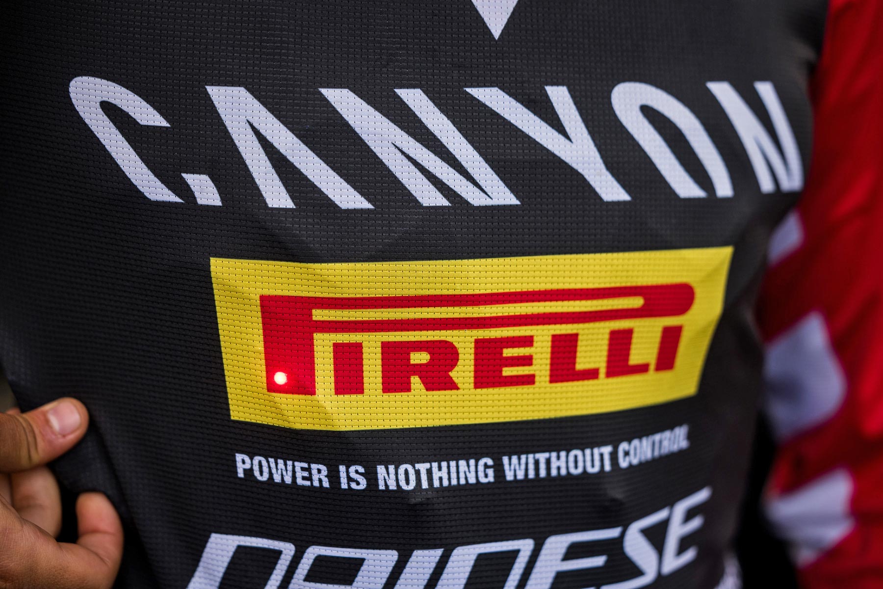Dainese D-Air Bike Prototype DH airbag inflated chest back neck protector, control LED visible through jersey