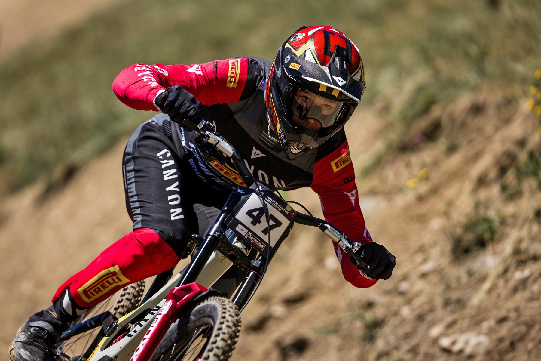 Dainese D-Air Bike Prototype DH airbag inflated chest back neck protector, UCI Downhill World Cup Les Gets practice run