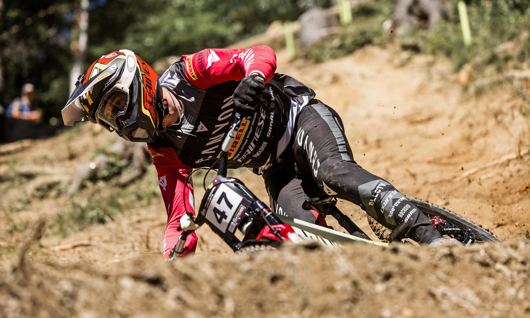 Dainese D-Air Bike Prototype DH airbag inflated chest back neck protector, UCI Downhill World Cup Les Gets practice run berm