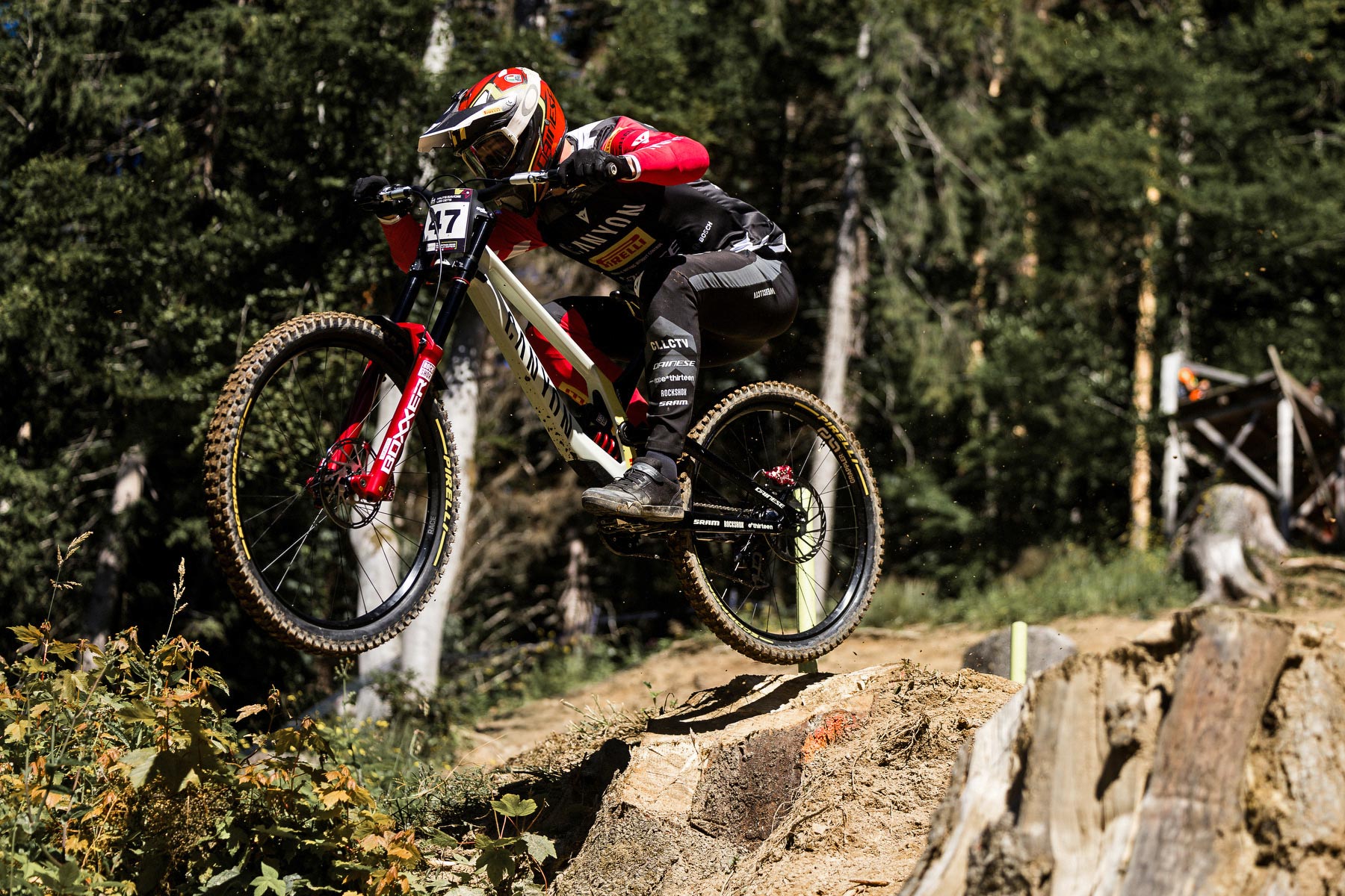 Dainese D-Air Bike Prototype DH airbag inflated chest back neck protector, UCI Downhill World Cup Les Gets practice run drop