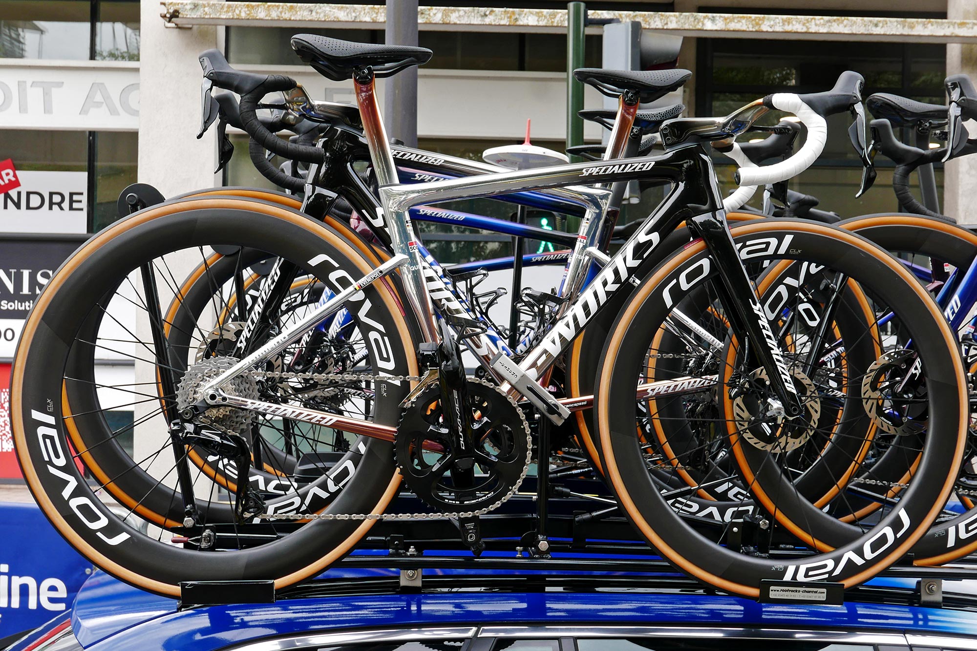Remco Evenepoel S-Works Tarmac SL8 of the Best Young Rider at the 2024 Tour de France, on team car roof