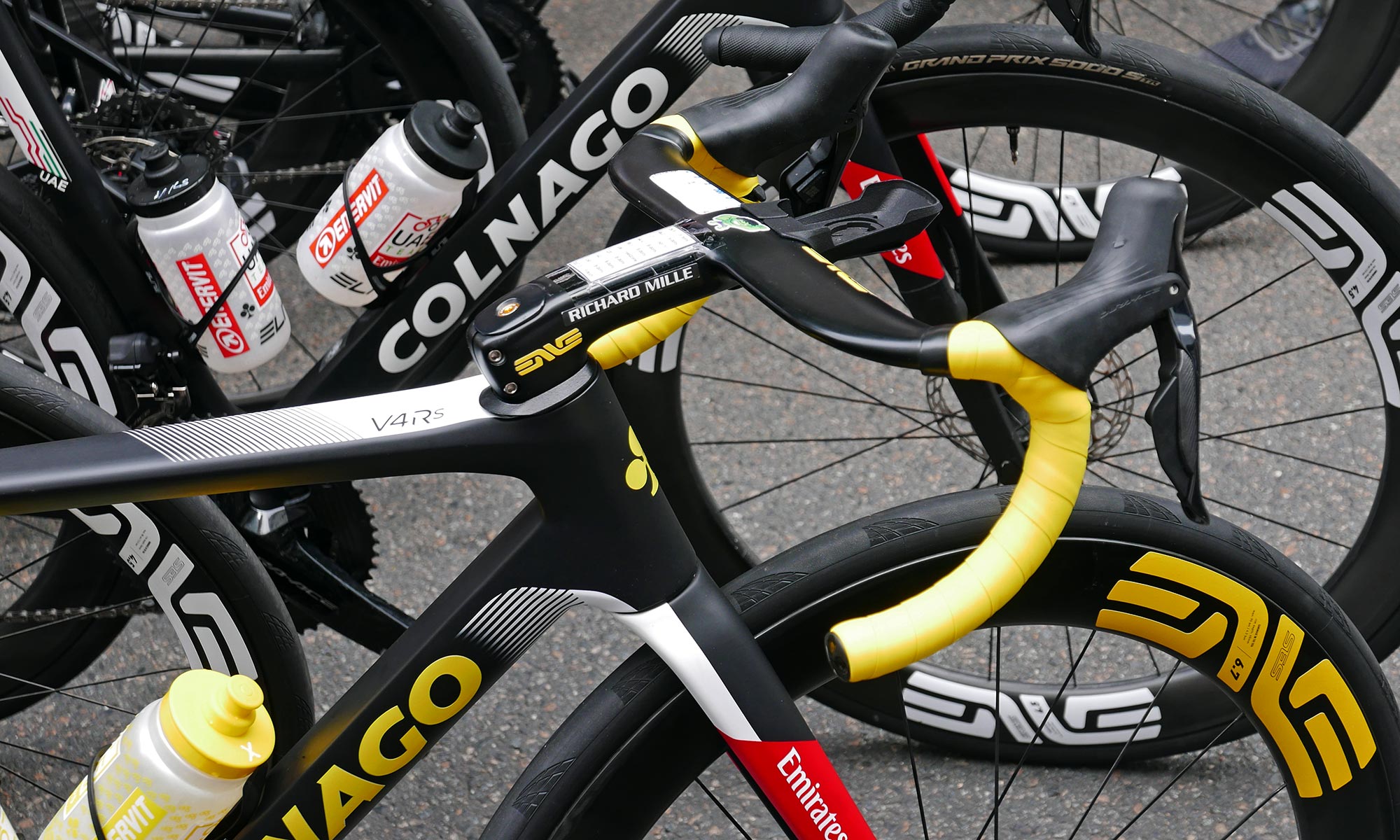 Tadej Pogačar 2024 Tour de France winner, customized Colnago V4Rs road bike, ENVE cockpit