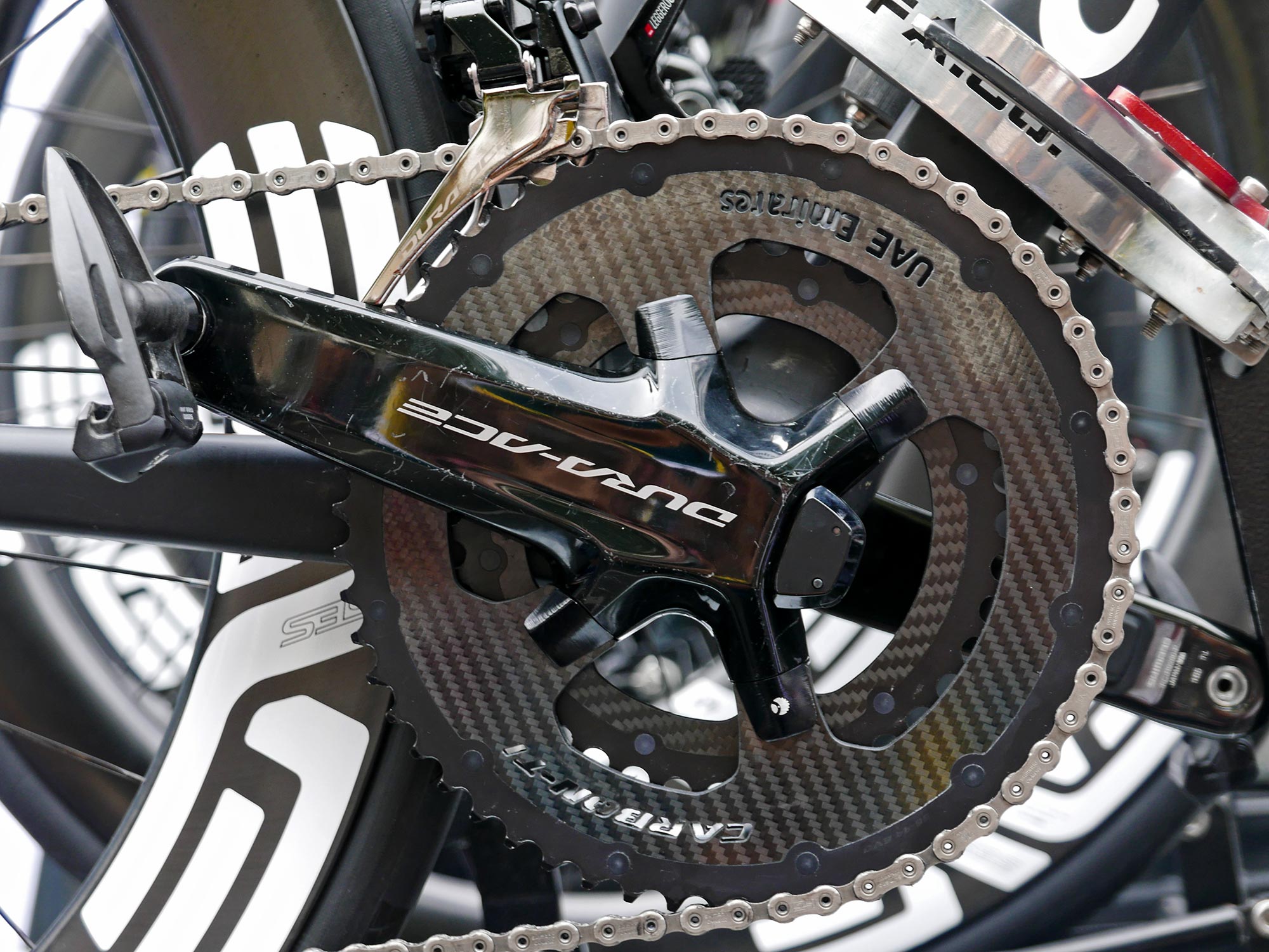 Tadej Pogačar 2024 Tour de France winner, customized Colnago V4Rs road bike, 56/40T Carbon-Ti chainring, 165mm cranks