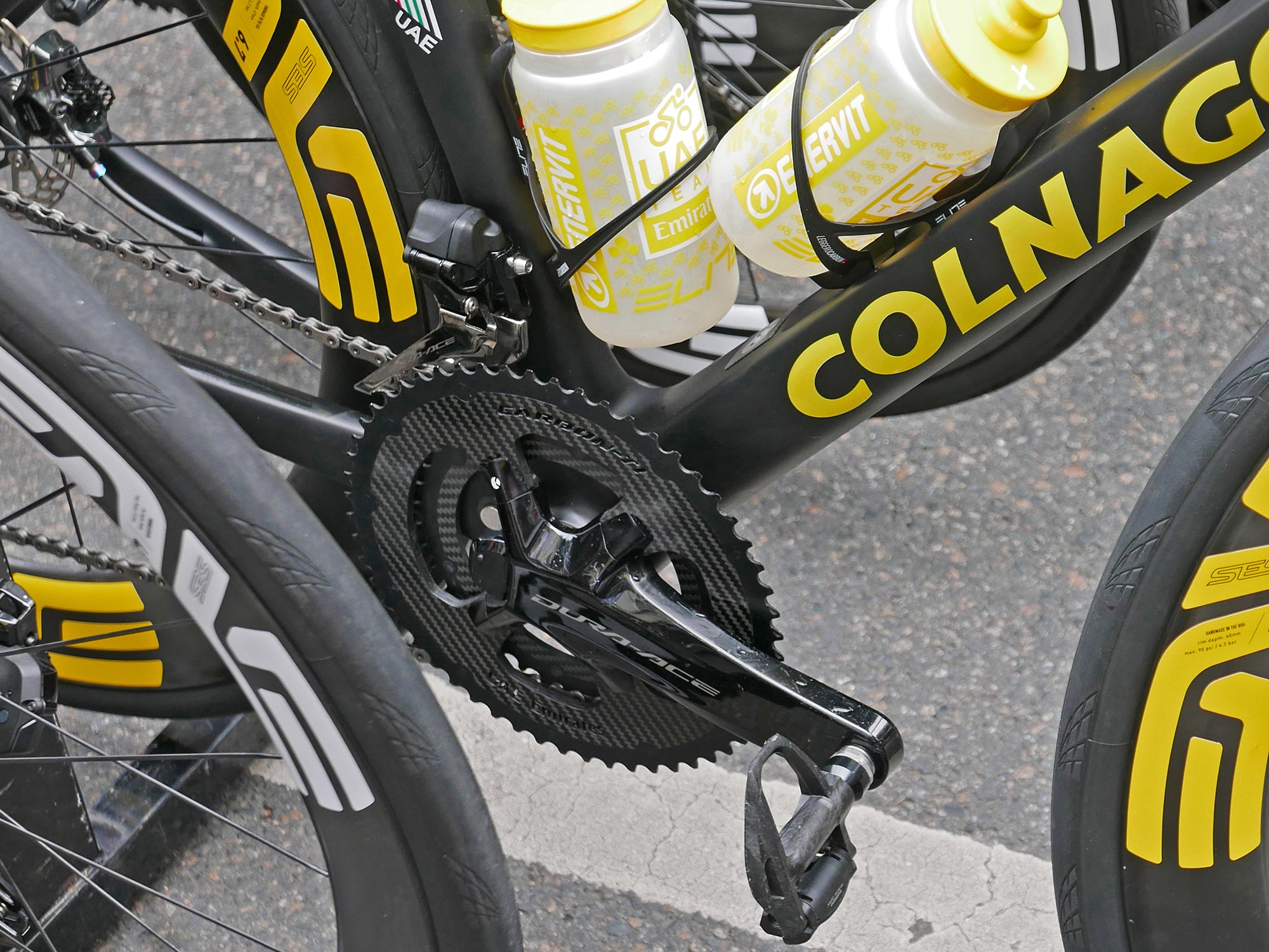Tadej Pogačar 2024 Tour de France winner, customized Colnago V4Rs road bike, 165mm powermeter cranks