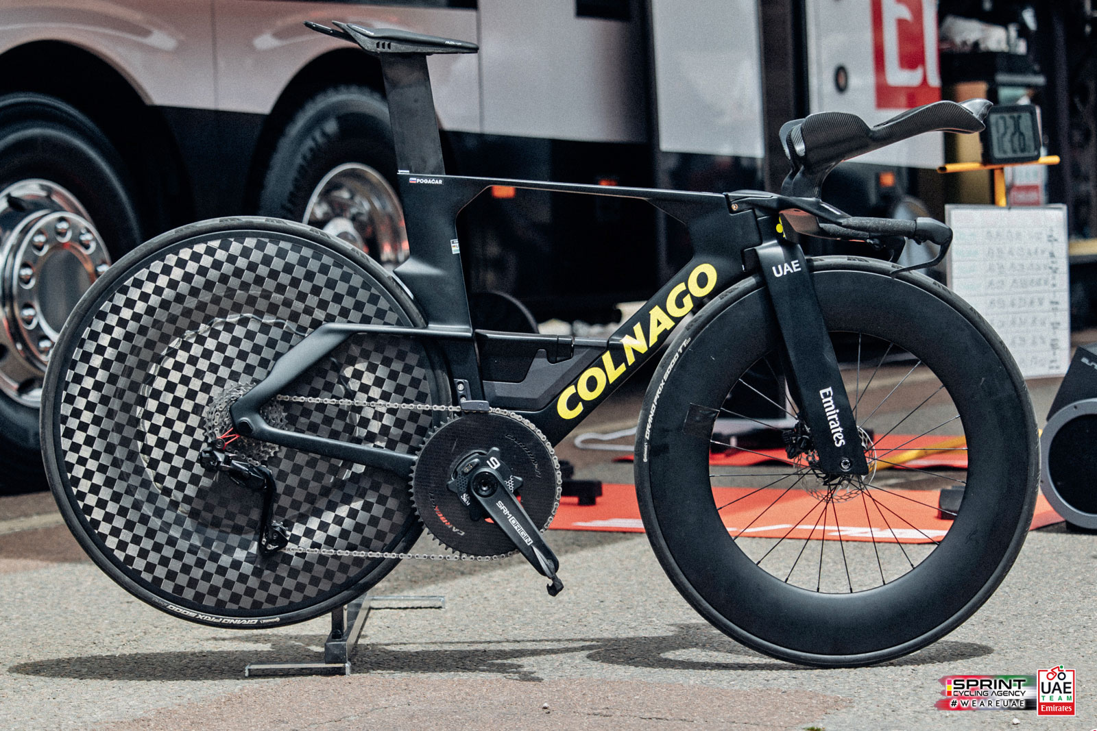 Tadej Pogačar's tricked-out 2024 Tour de France winning Colnago TT1 time trial bike, photo by SprintCyclingAgency, complete