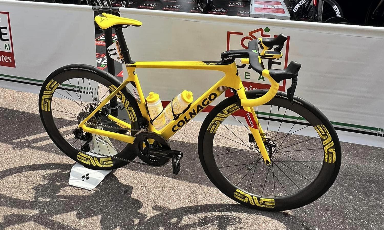 Tadej Pogačar 2024 Tour de France winner customized Colnago V4Rs road bike, yellow podium bike