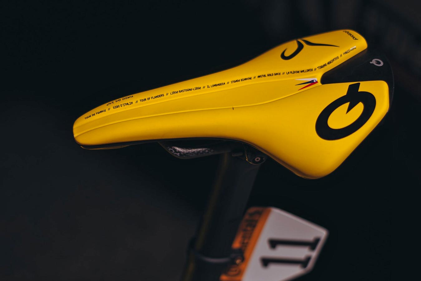 Tadej Pogacar 2024 Tour winner custom Colnago V4Rs road bike, yellow Prologo Nago N4 saddle