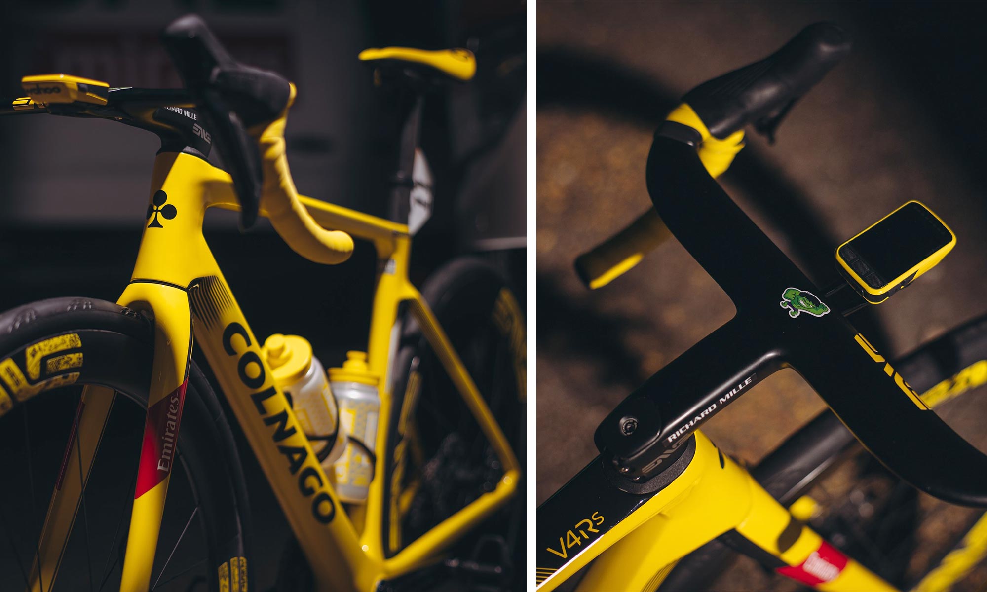Tadej Pogacar 2024 Tour winner custom Colnago V4Rs road bike, yellow podium bike details