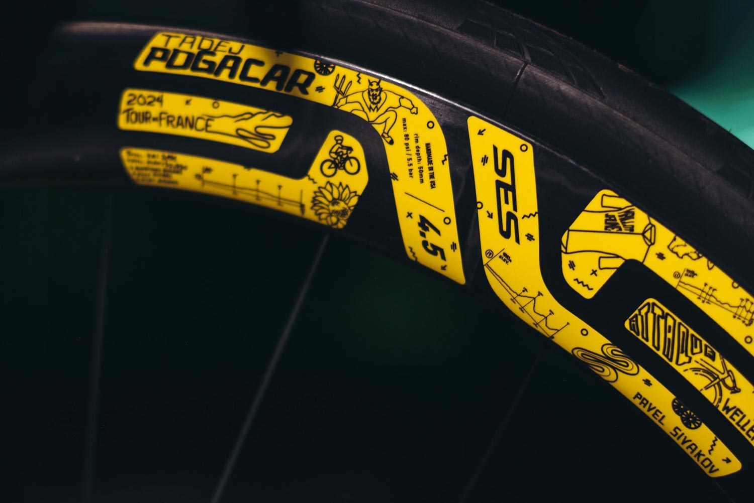 Tadej Pogacar 2024 Tour winner custom Colnago V4Rs road bike, yellow podium bike ENVE wheel details