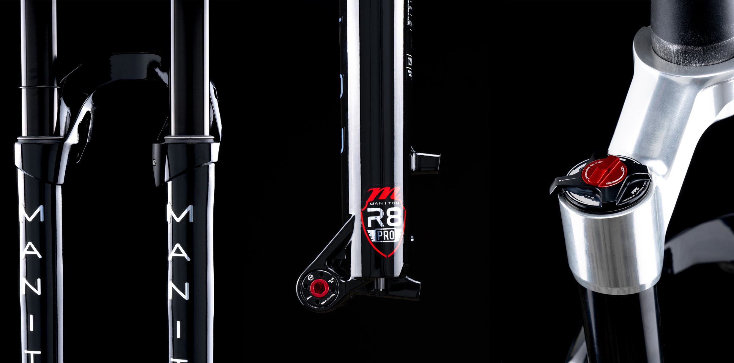 closeup details of manitou R8 xc suspension forks.