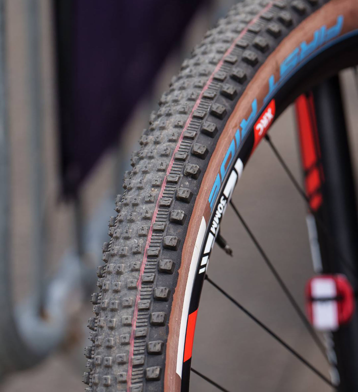 Schwalbe rick xc mountain bike tire tread closeup.