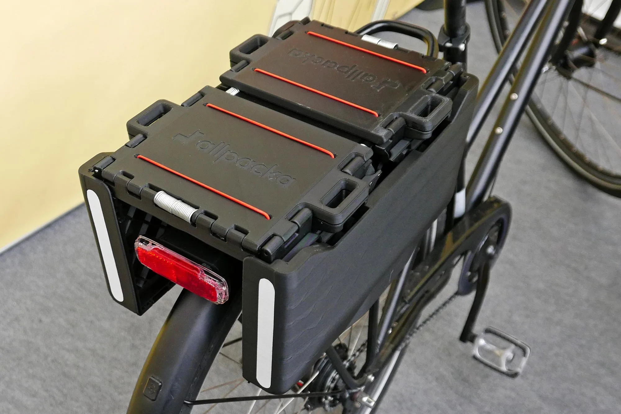 Allpacka One folding commuter bike rack cargo basket, folded down