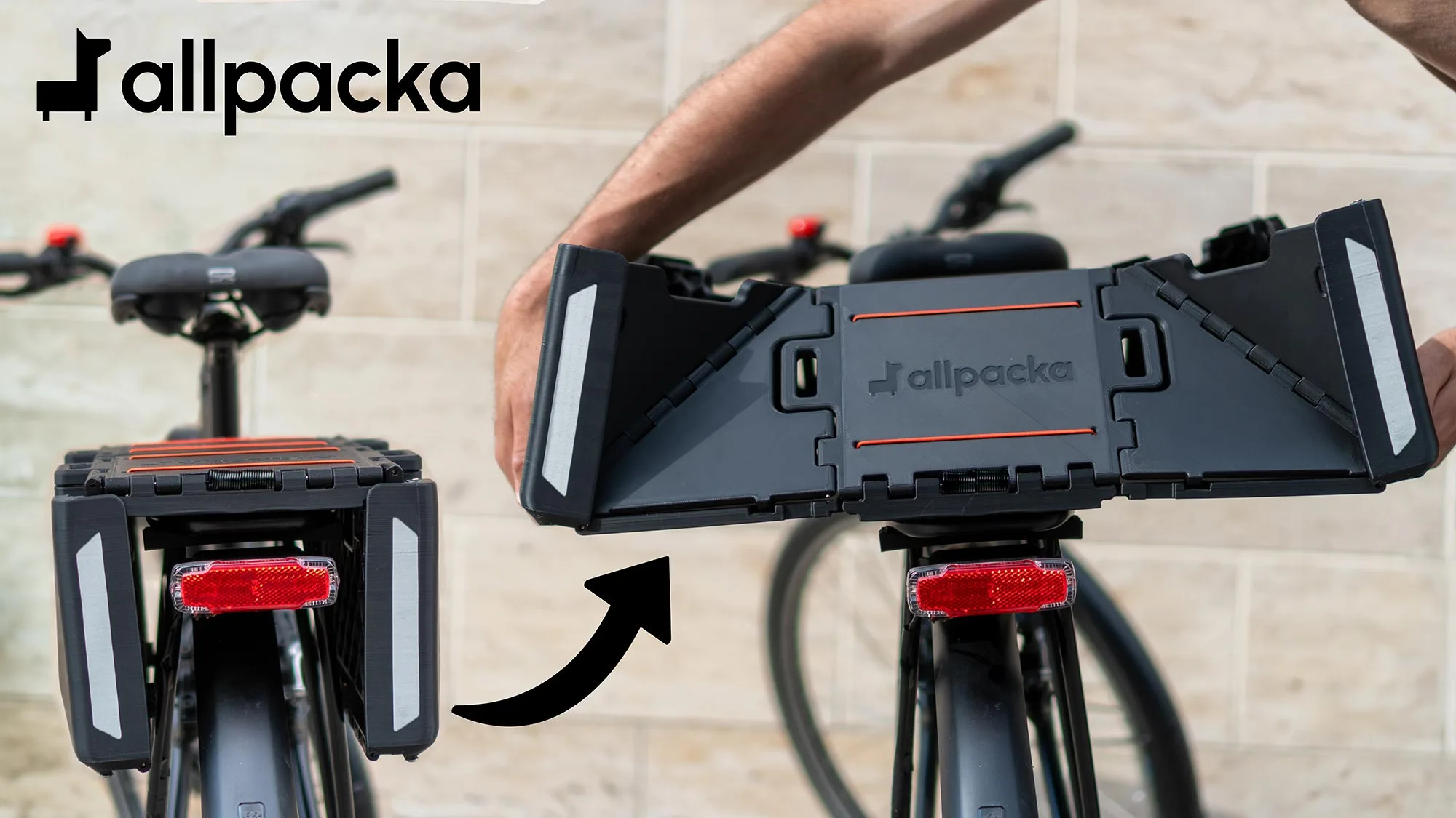 Allpacka One folding commuter bike rack cargo basket, folds flat in a second