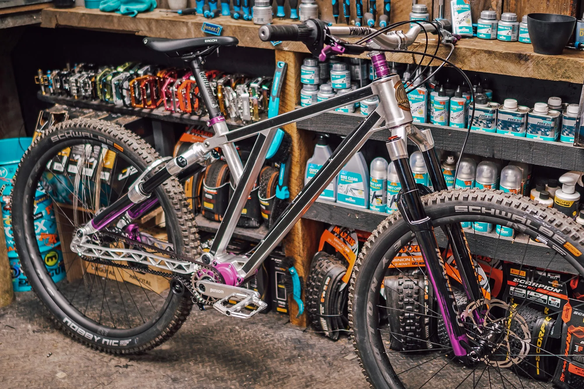 Manitou FS II Future MTB concept project bike prototype built by Gamux, complete in Gee Milner's workshop