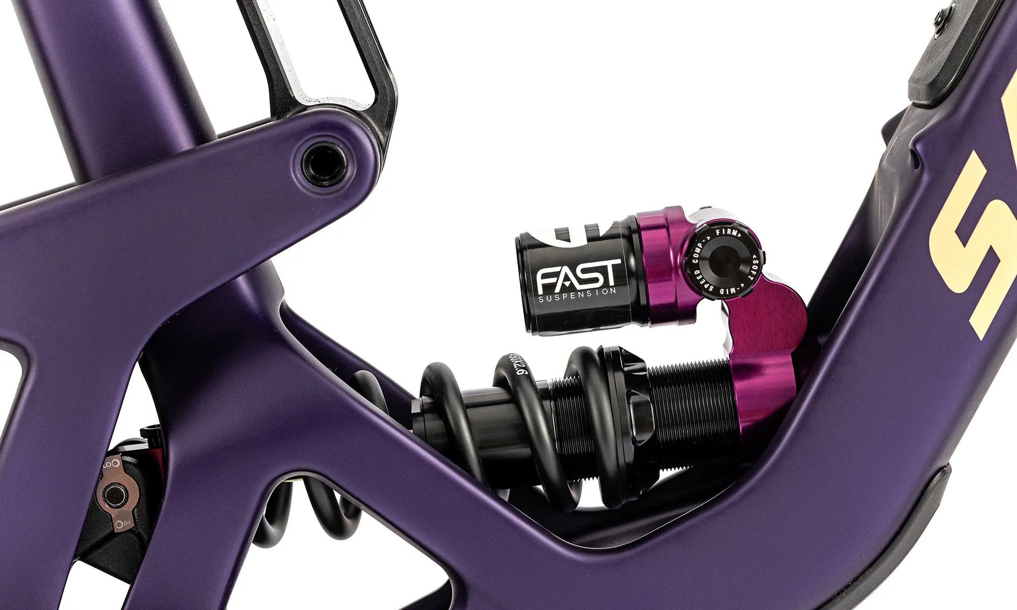 Fast Suspension Fenix 2.0 high-performance enduro mountain bike coil shock, LTD Purple on a Santa Cruz bike