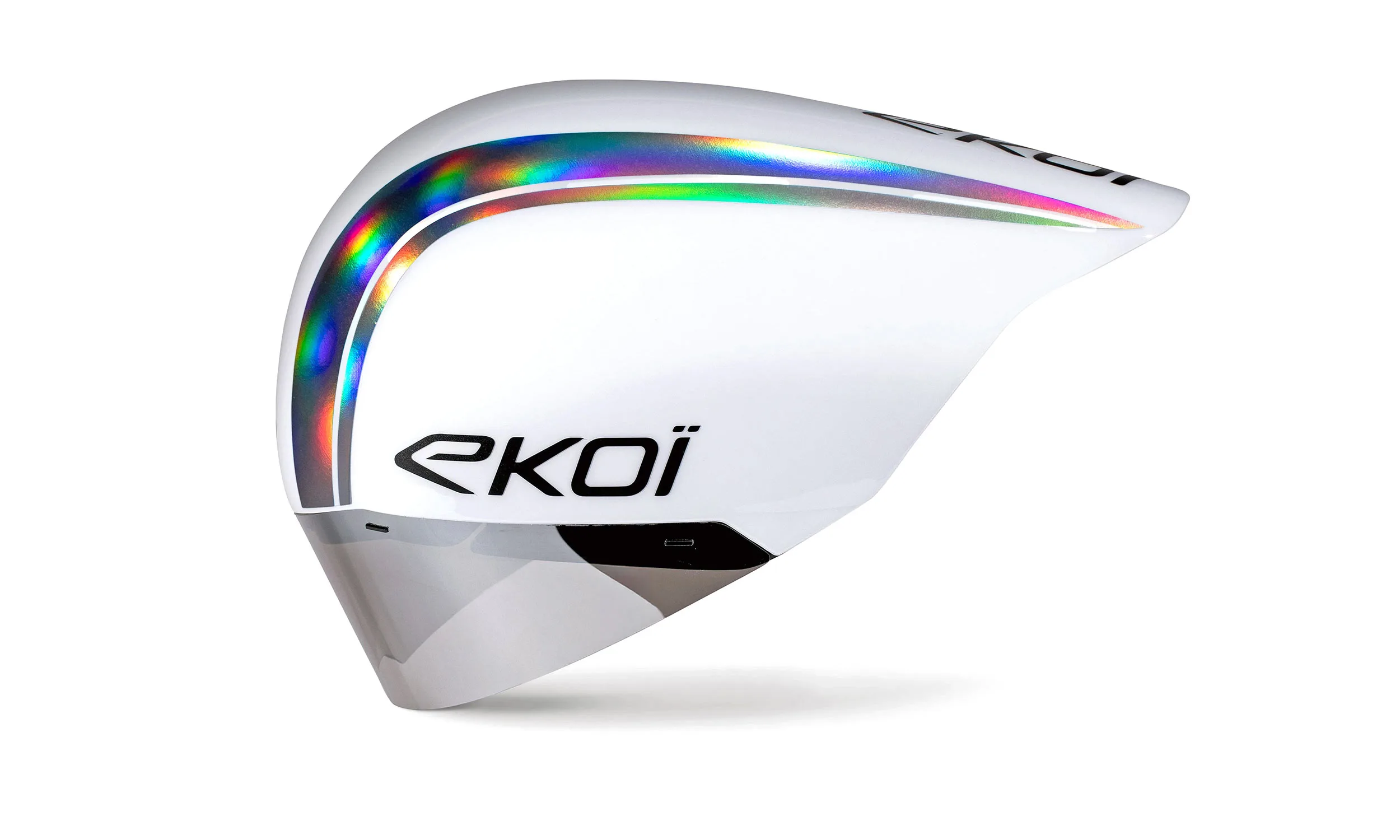 2025 Ekoi Pure Aero TT helmet designed by AI, fastest time trial & triathlon aerodynamics, white with holographic stripes