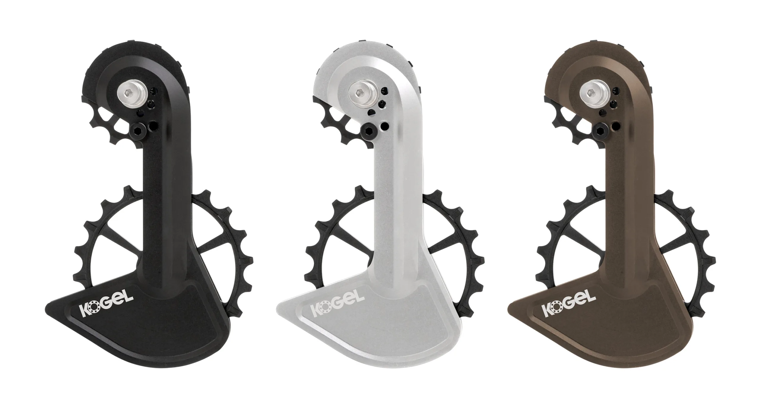 new Kogel Speed Kolossos, a stiffer & more aero derailleur cage & 20T pulley upgrade with ceramic bearings, black, raw, or Black Gold