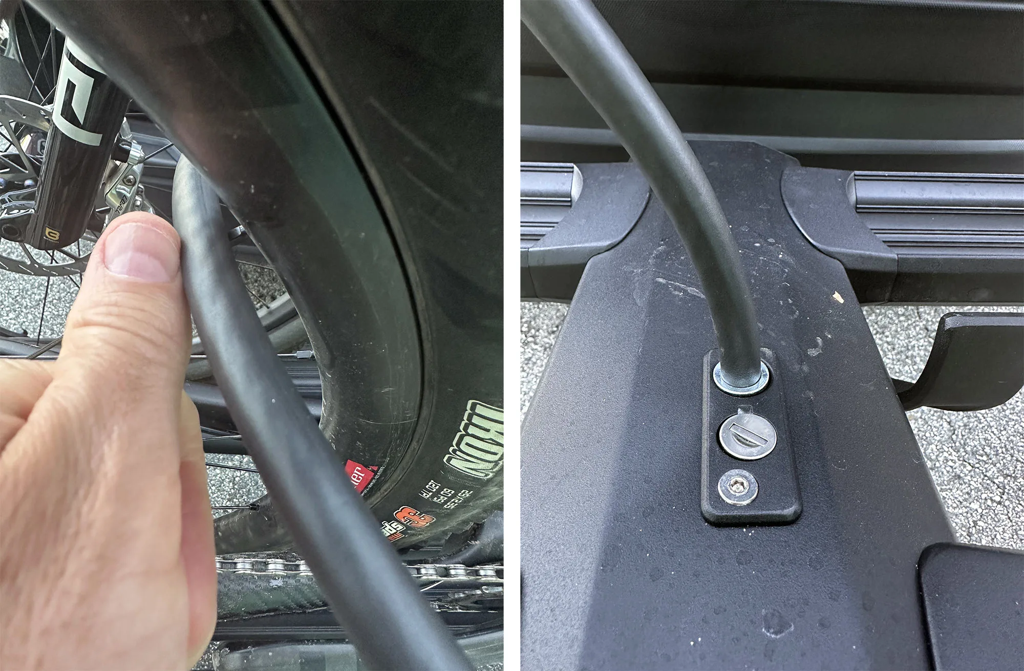 kuat piston pro hitch bike rack cable lock closeup.