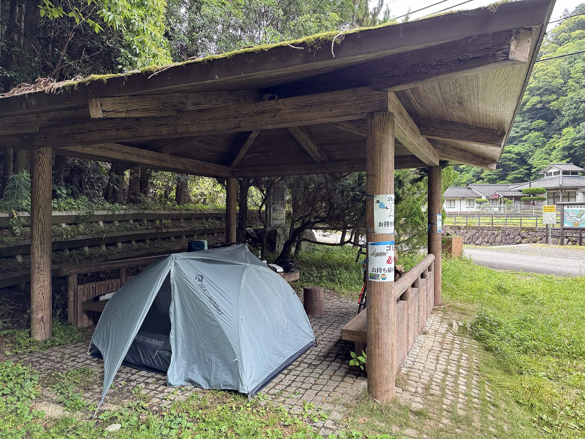 sea to summit telos tr2 bikepacking tent setup under a shelter in japan.