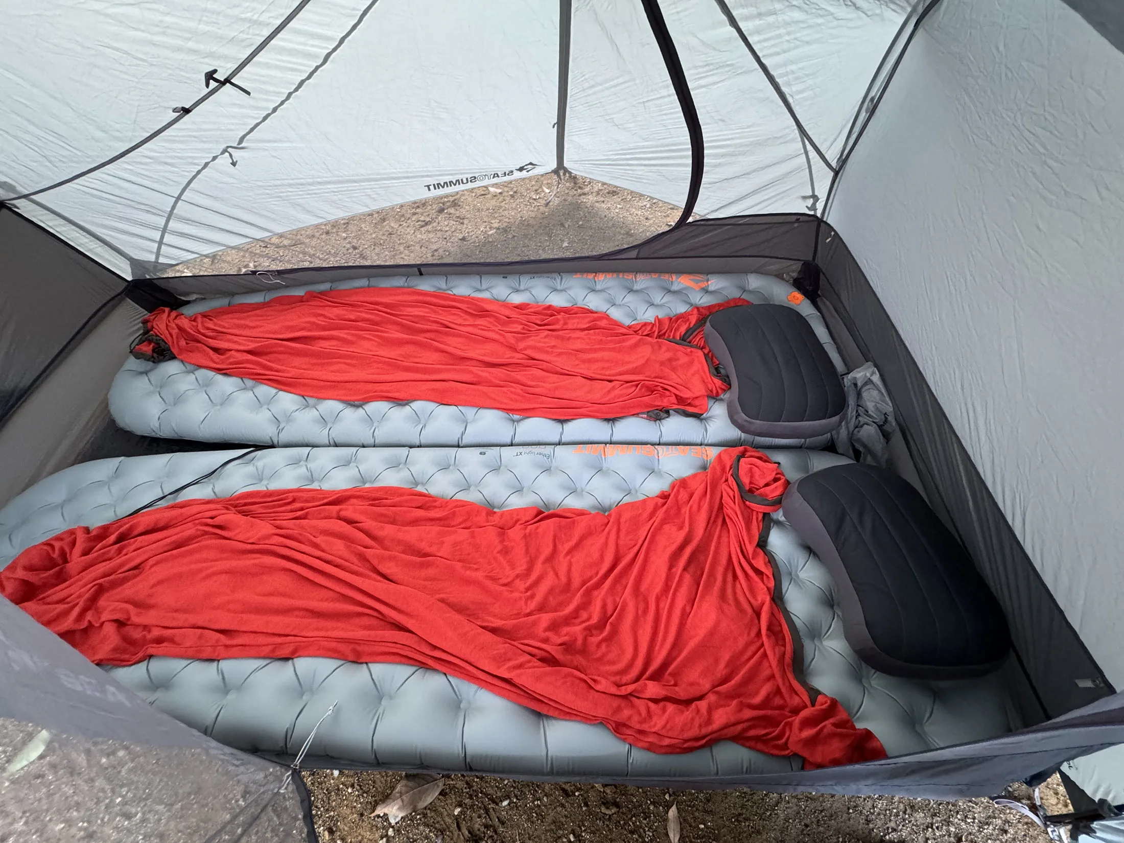 inside view of sea to summit telos tr2 bikepacking tent and camp in kii peninsula, japan.