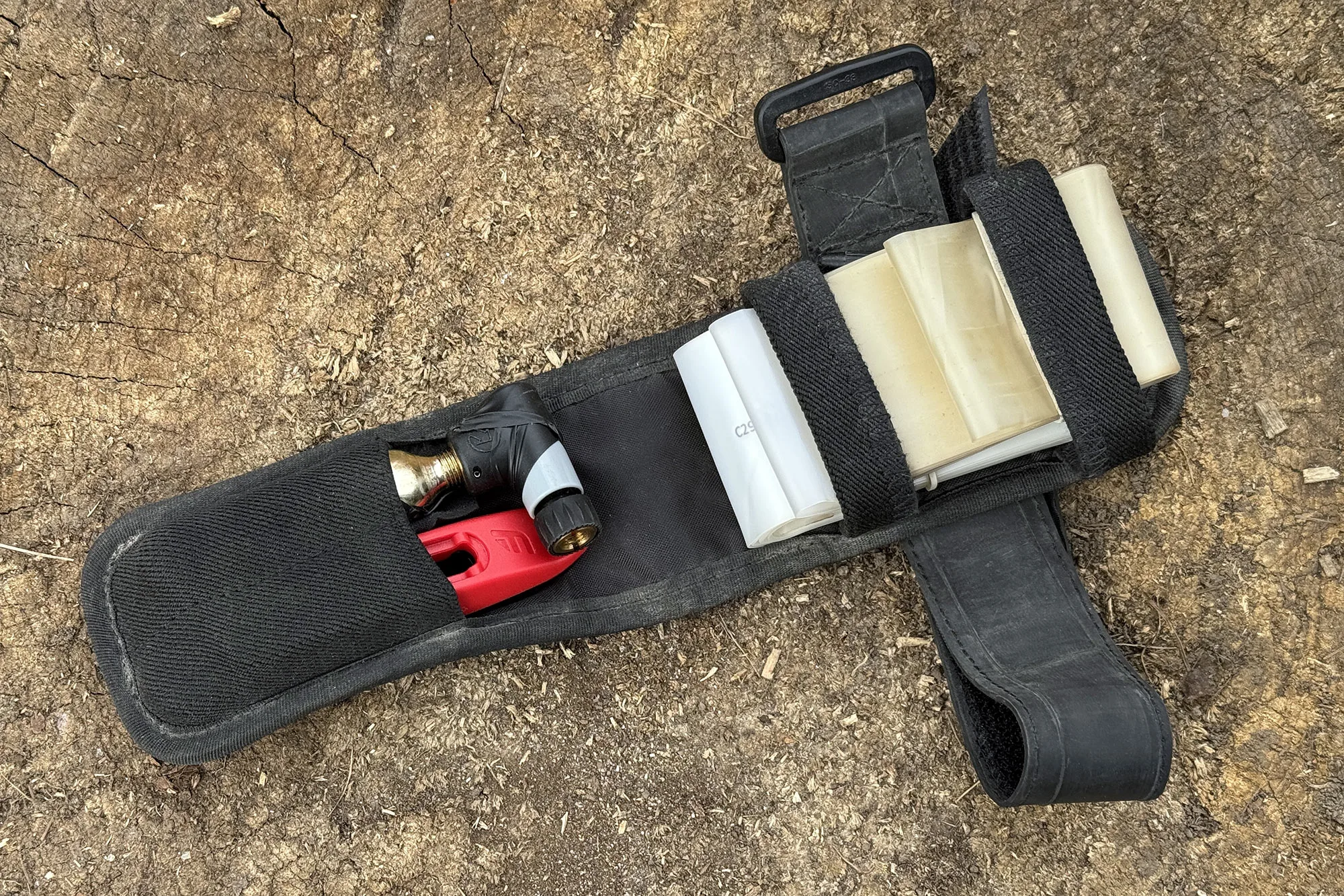 Fix Mfg Tube Terminal frame strap for tools & spares, made from recycled inner tubes, fully loaded