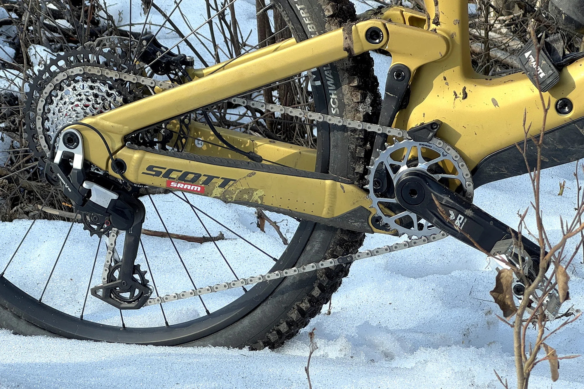 SRAM Eagle 90 Mechanical Transmission mountain bike drivetrain Review, finally a simple, affordable, tough & serviceable MTB groupset, in corn snow