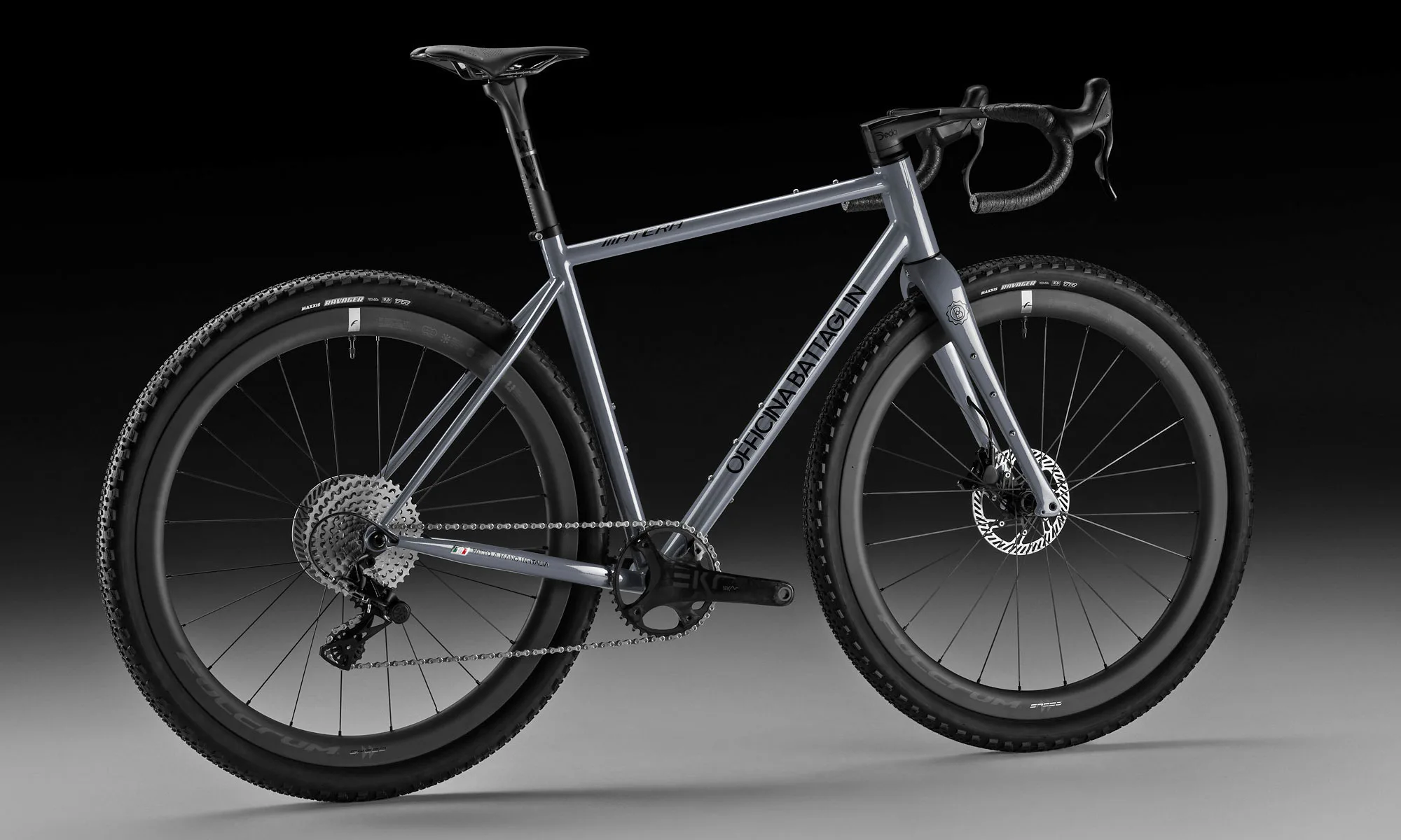 Officina Battaglin Matera modern steel gravel bike made-in-Italy, gray with Campy Ekar GT