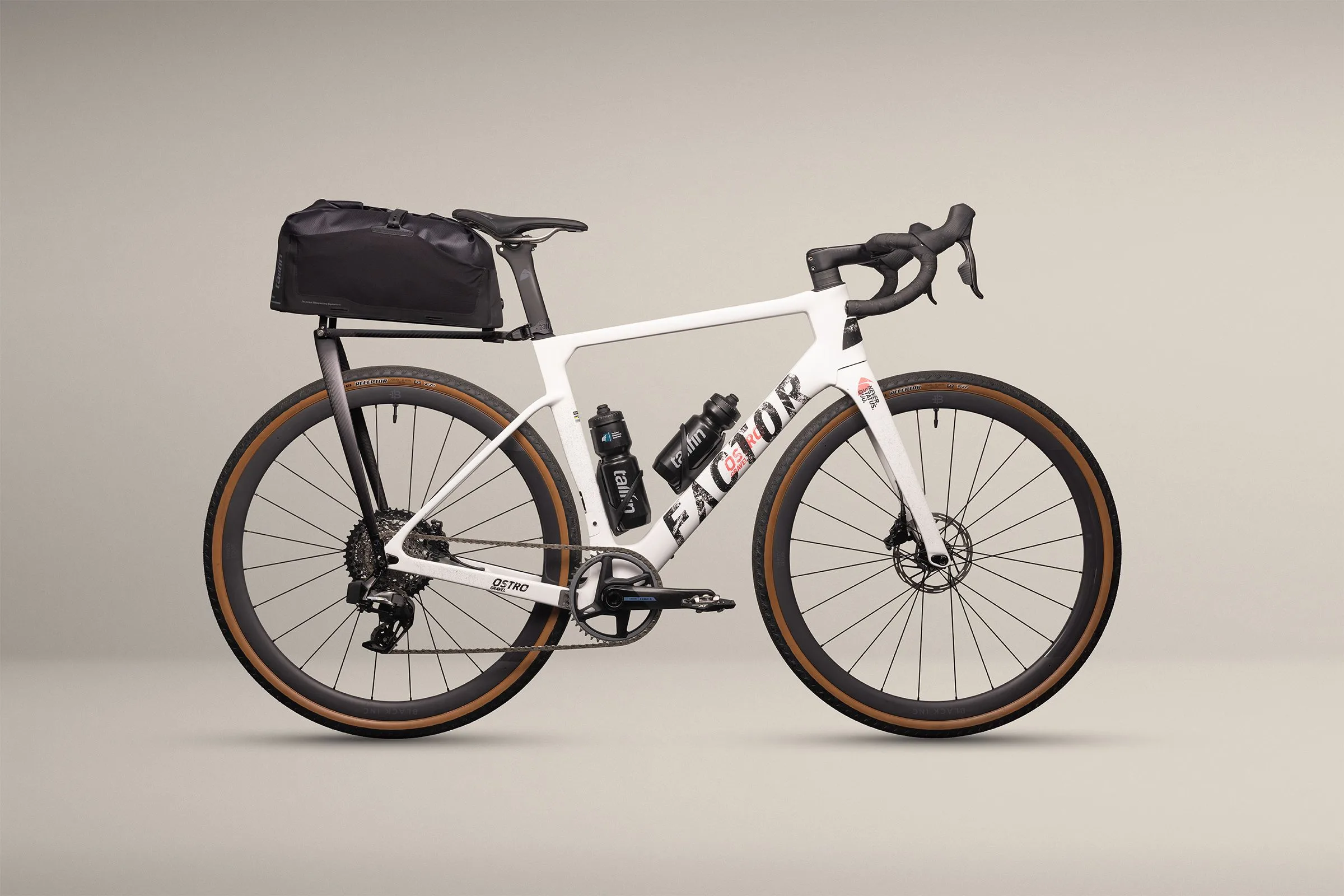 A Tailfin rear on-bike cargo system on a Factor Ostro gravel.