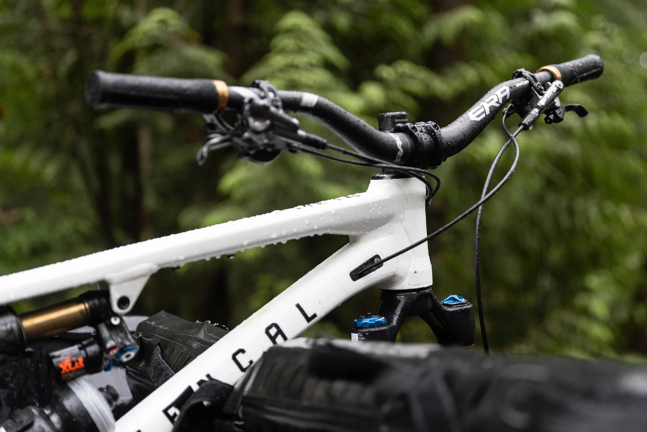 race face era 55mm carbon riser bar shown on a mountain bike.