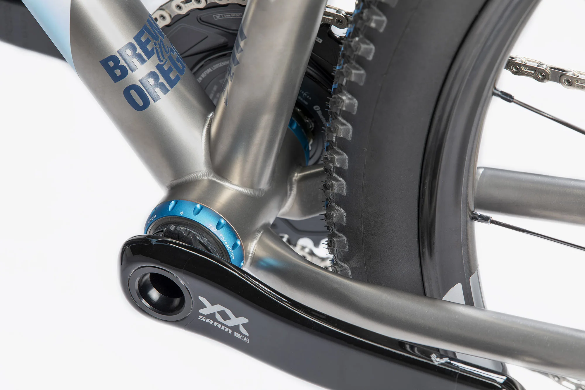 closeup details of sage droptimator drop bar mountain bike bottom bracket junction.