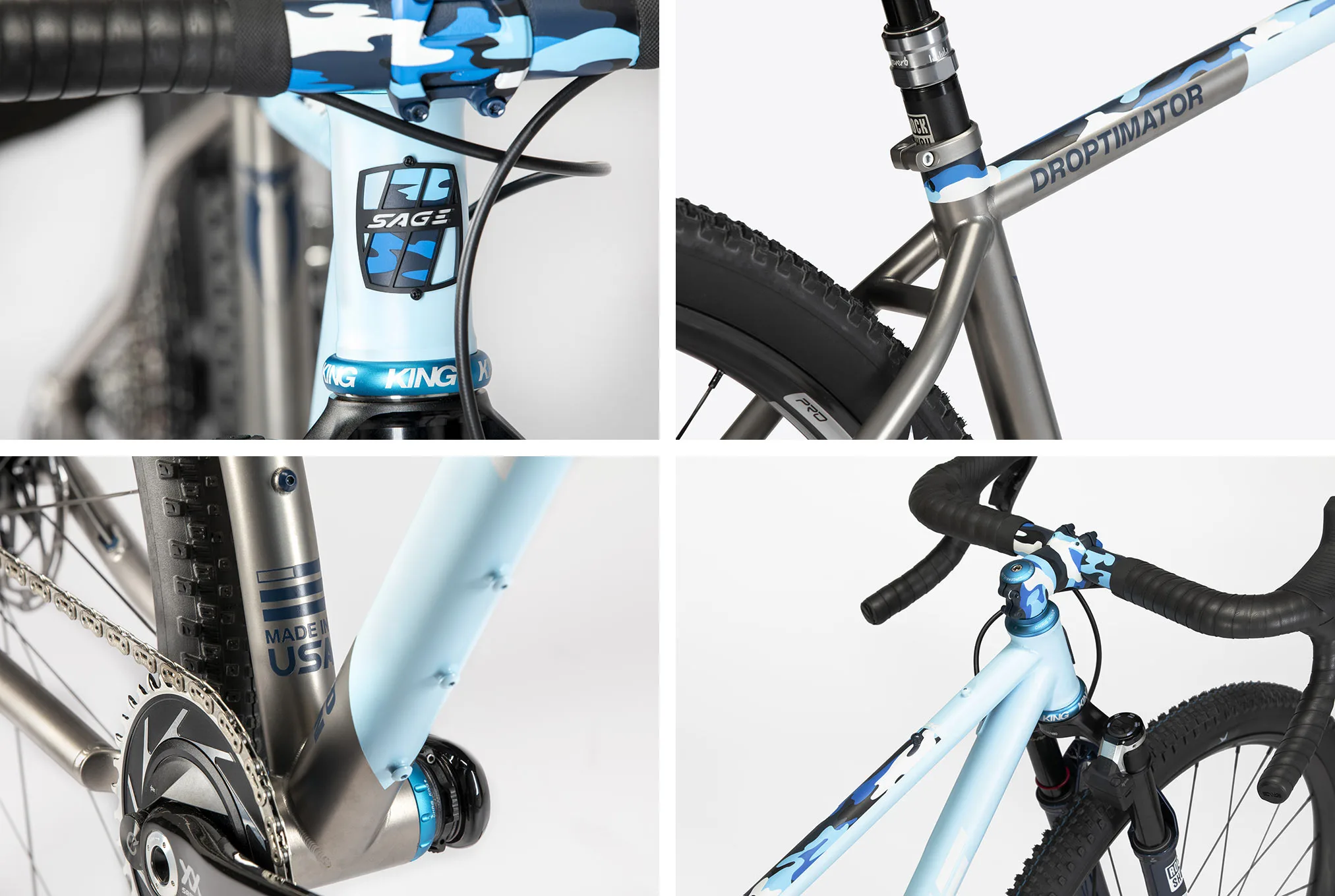 closeup details of sage droptimator drop bar mountain bike graphics and logos.