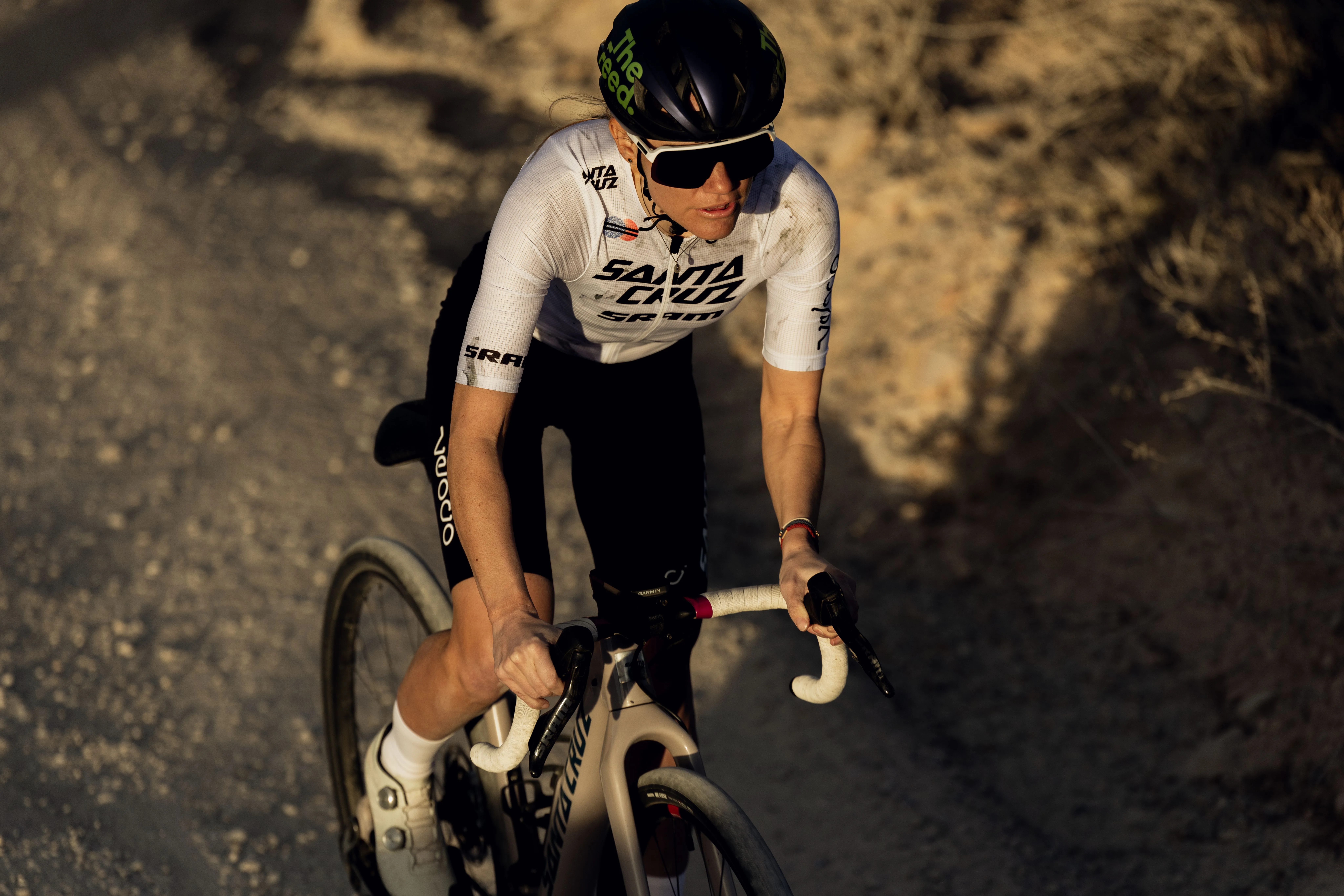 Keegan Sweson rides gravel in the Velocio htSQD skinsuit.