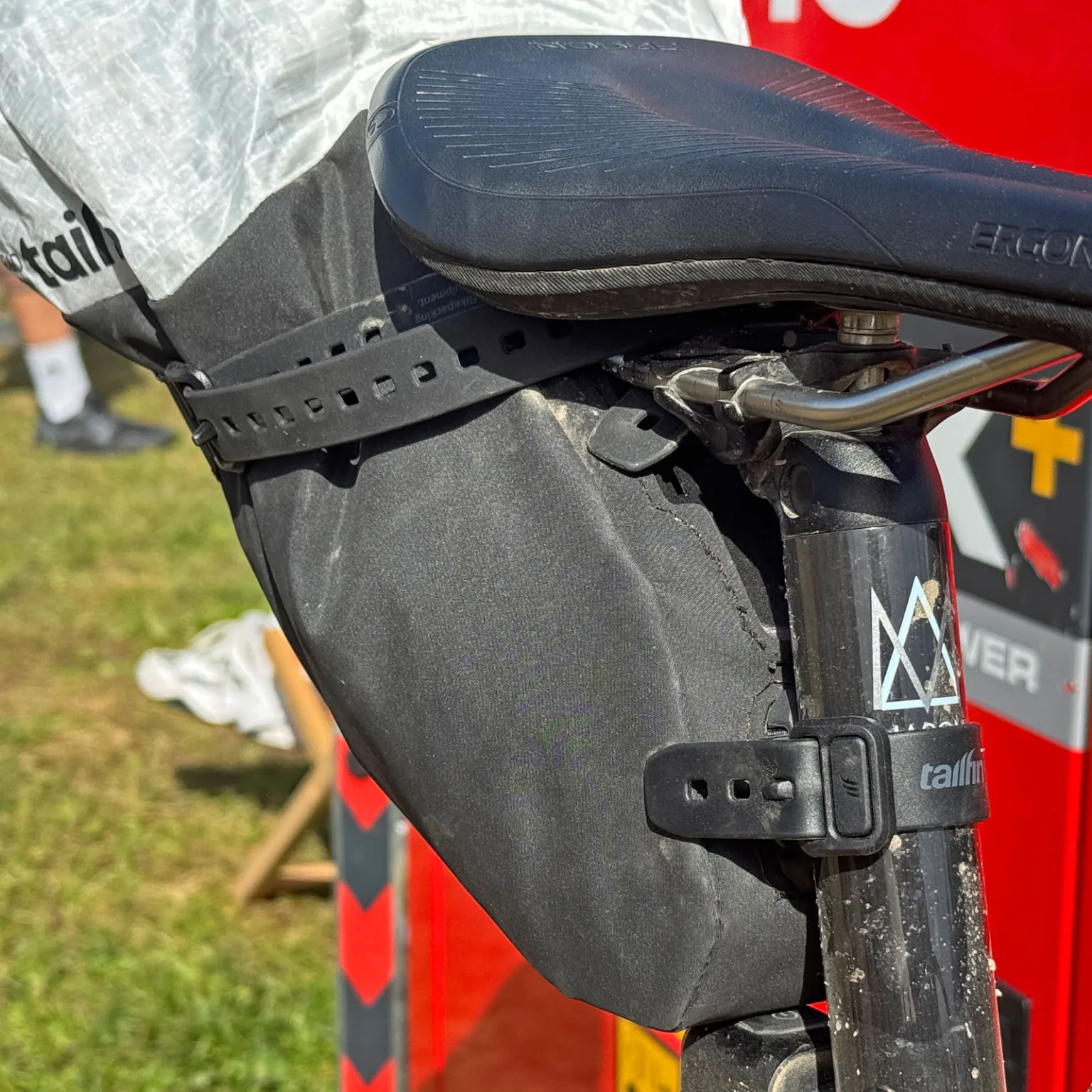 Tailfin R&D Division prototype rackless bikepacking saddle bag, attachment detail