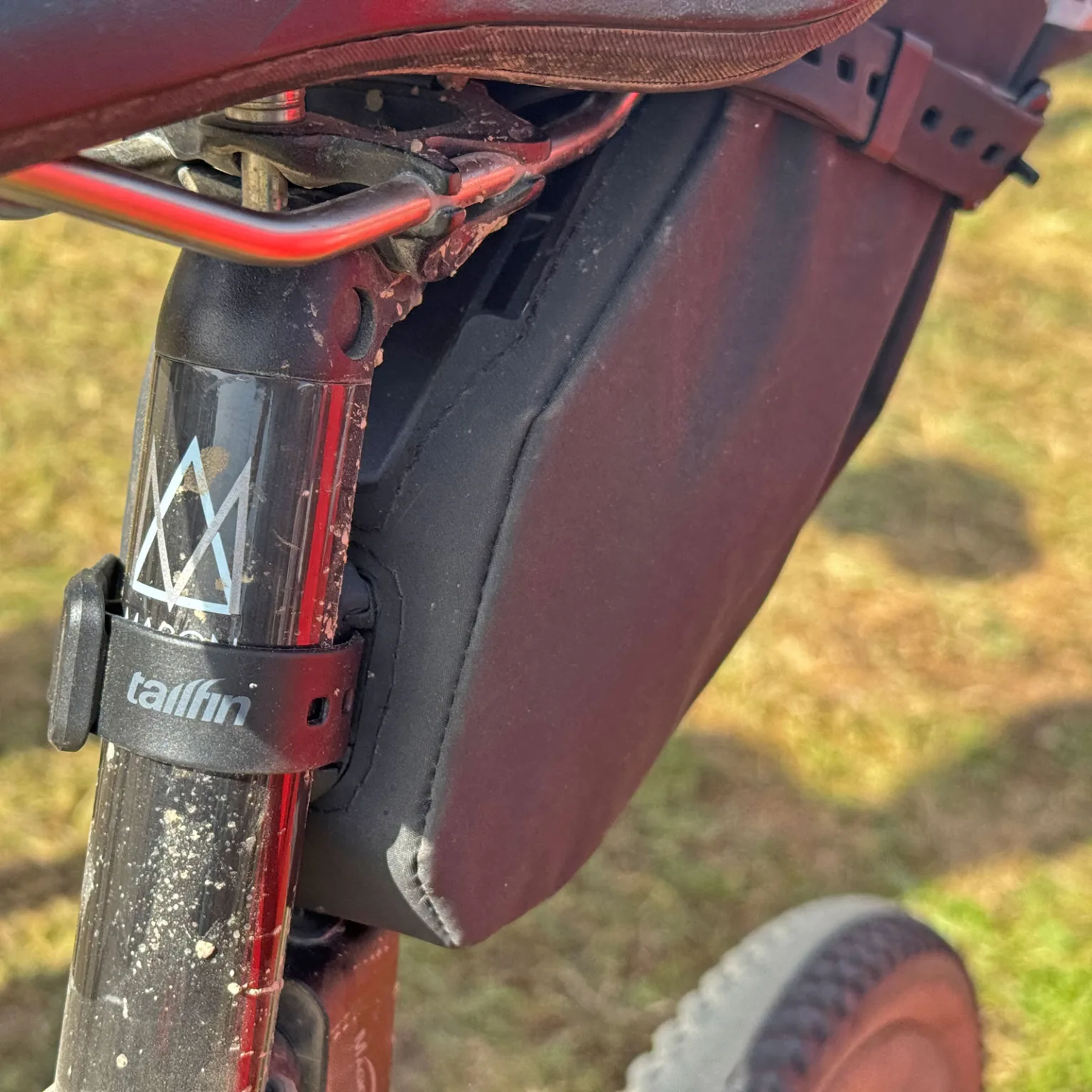 Tailfin R&D Division prototype rackless bikepacking saddle bag, mount detail