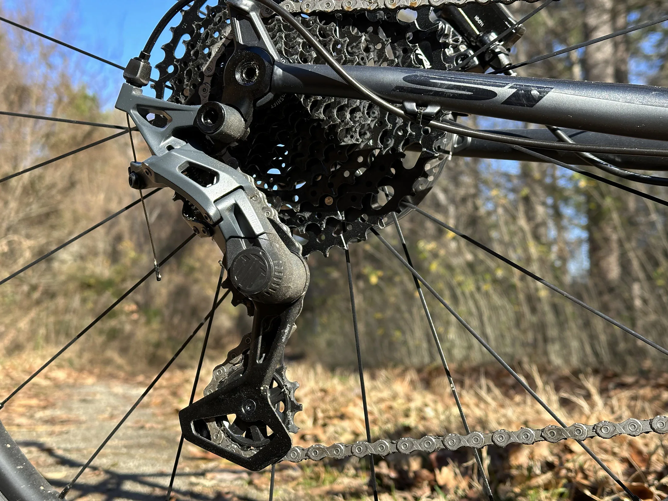 closeup of microshift sword gravel group gravel bike rear derailleur.