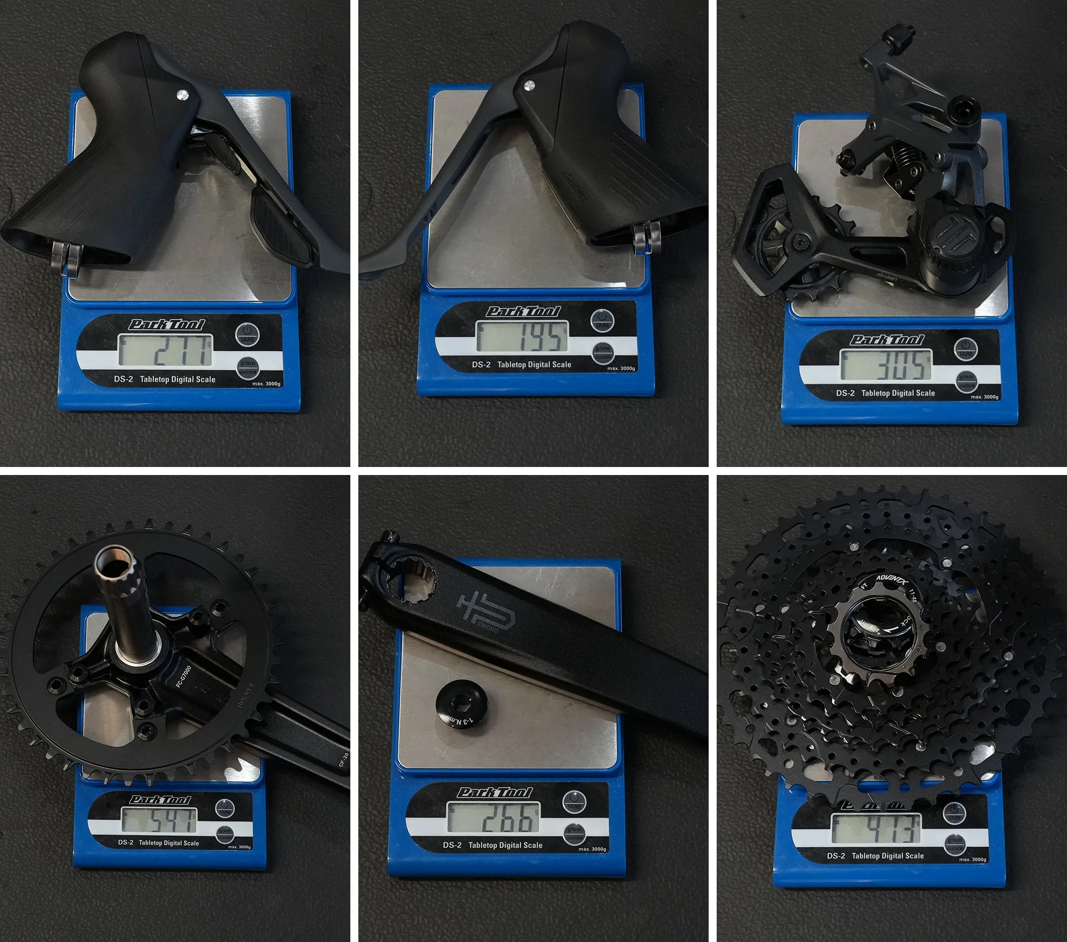 microshift sword gravel group components on a scale showing actual weights.