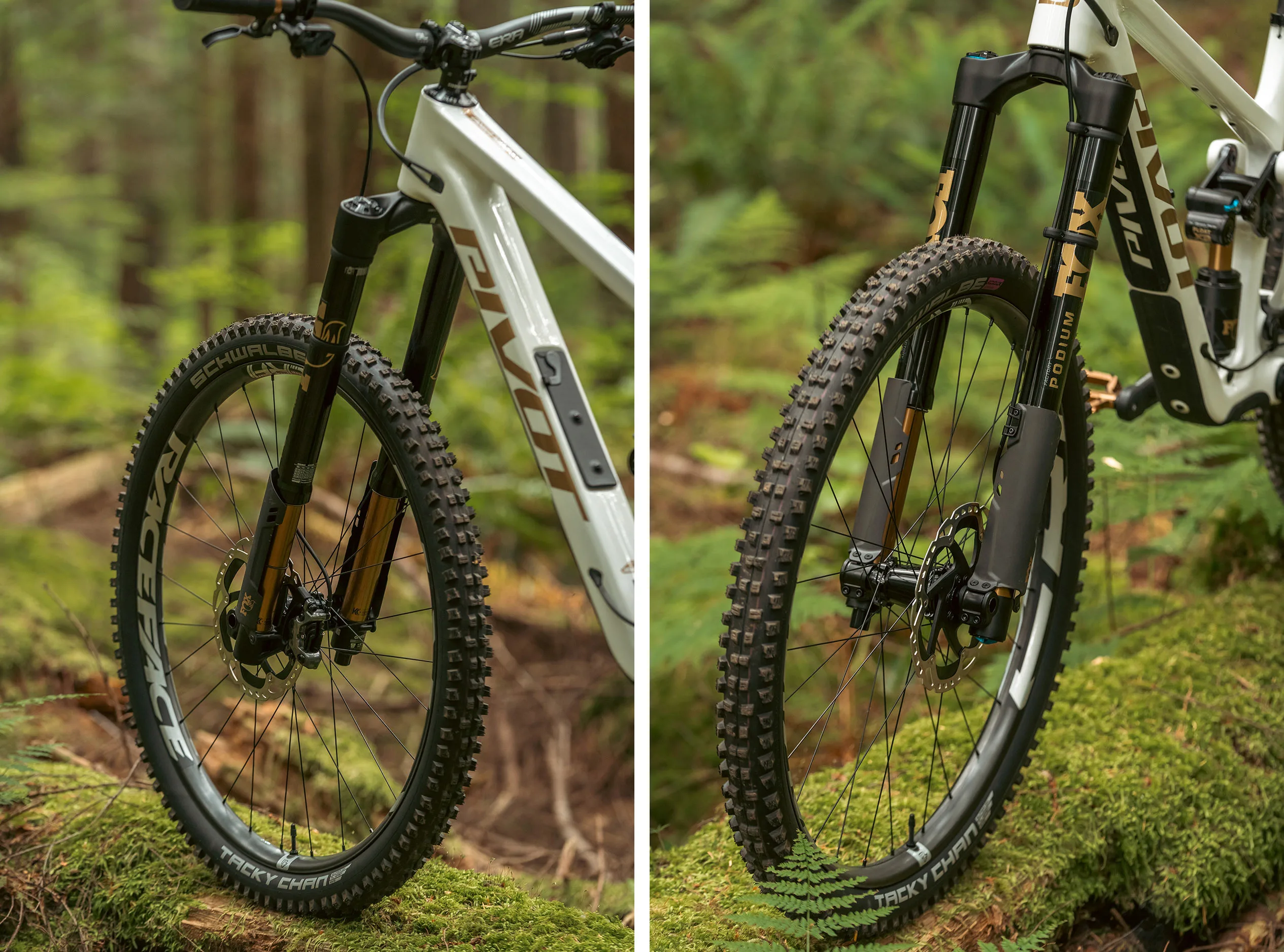 closeup details of new fox podium inverted enduro MTB fork.