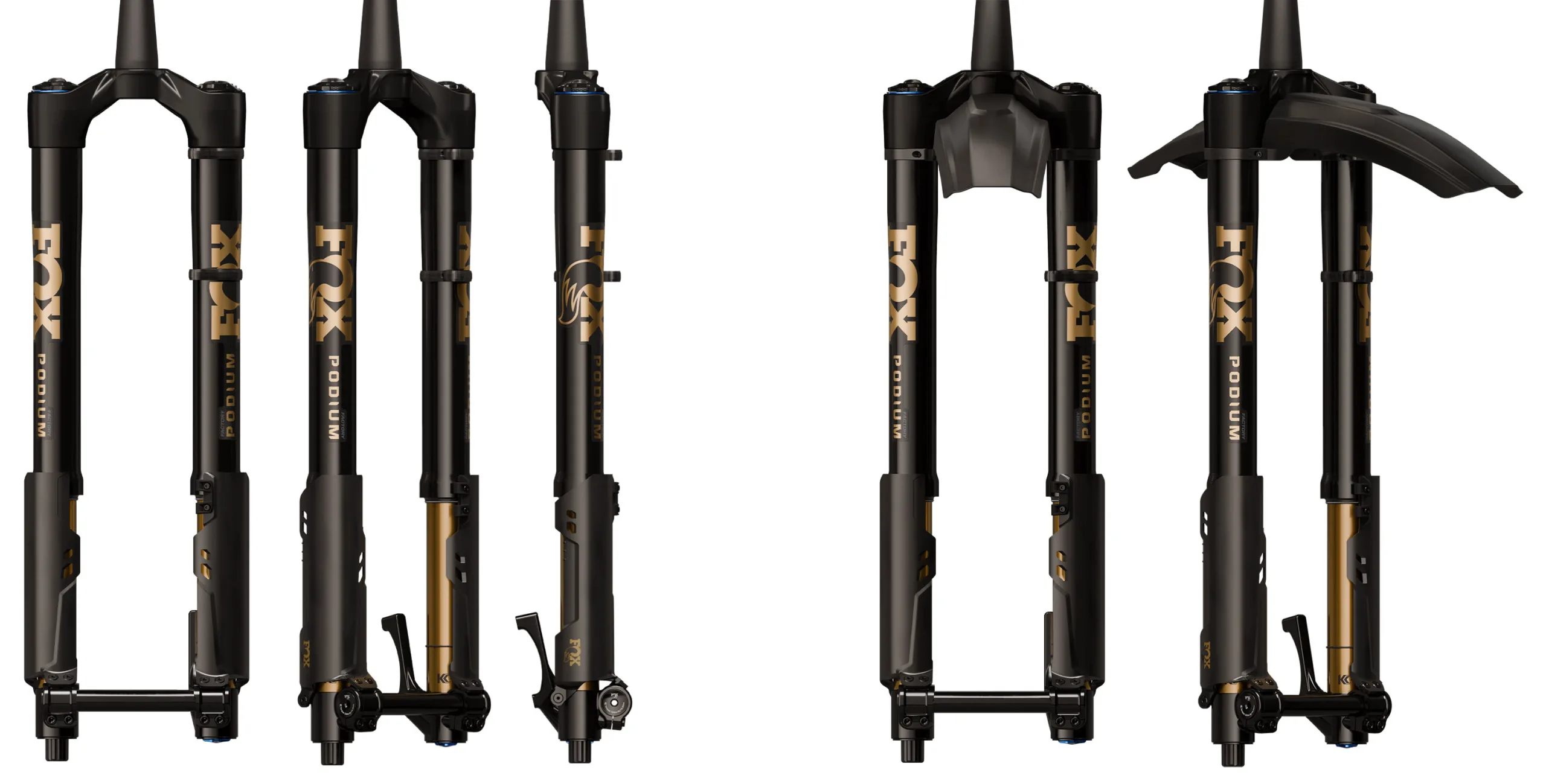 different angles shown of new fox podium inverted enduro MTB fork.