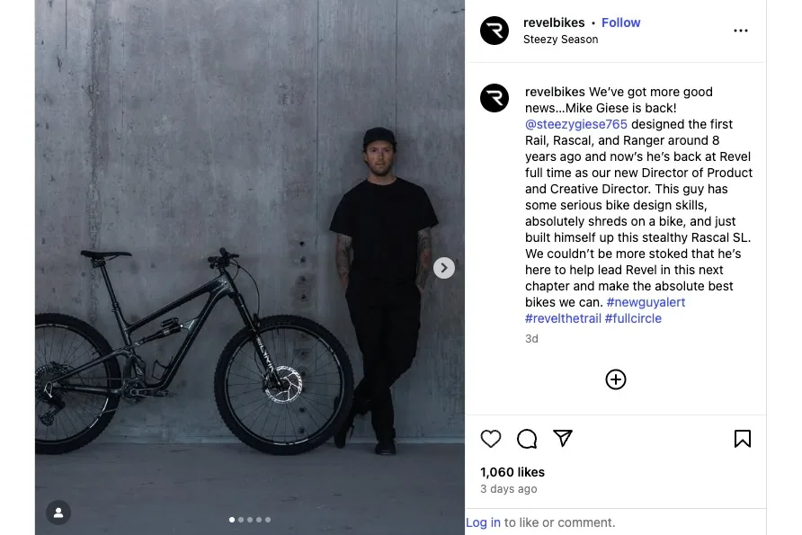 Instagram announcement of the hiring of Mike Giese as Revel's director of Product and Creative Director.