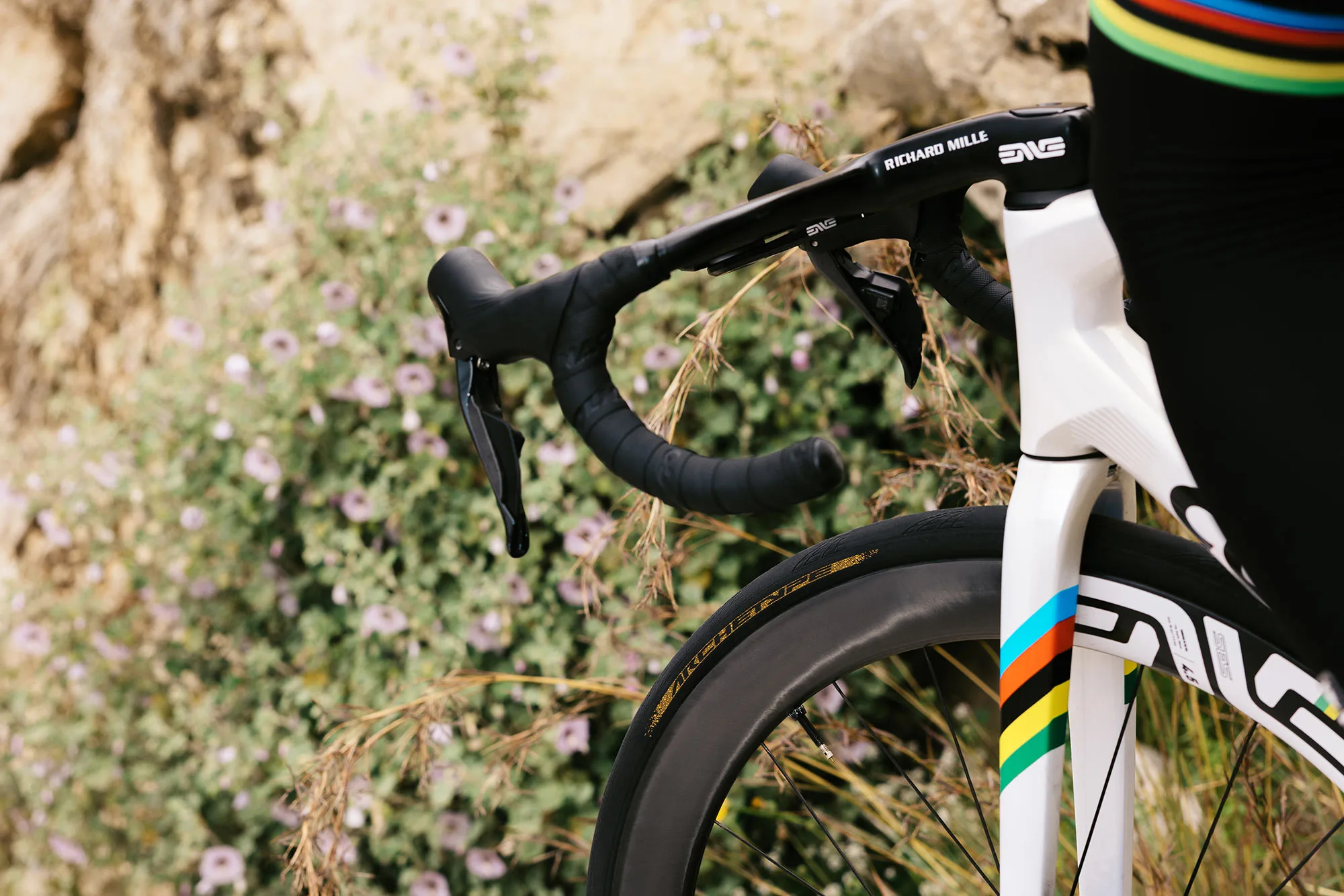 closeup details of continental archetype road bike race tire on Tadej colnago.