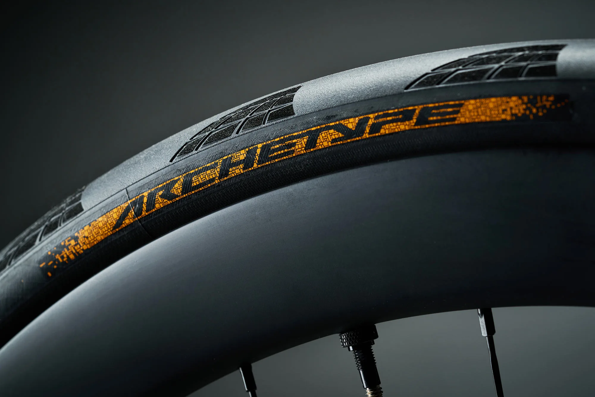 closeup details of continental archetype road bike race tire.