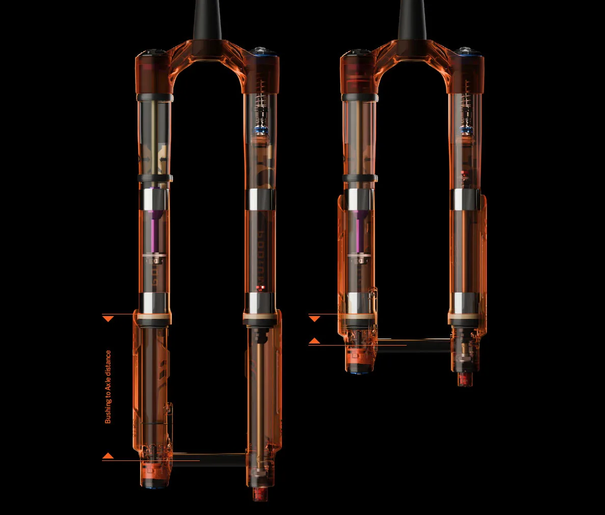 internal cutaway view of Fox Podium fork bushing locations shown extended and compressed.