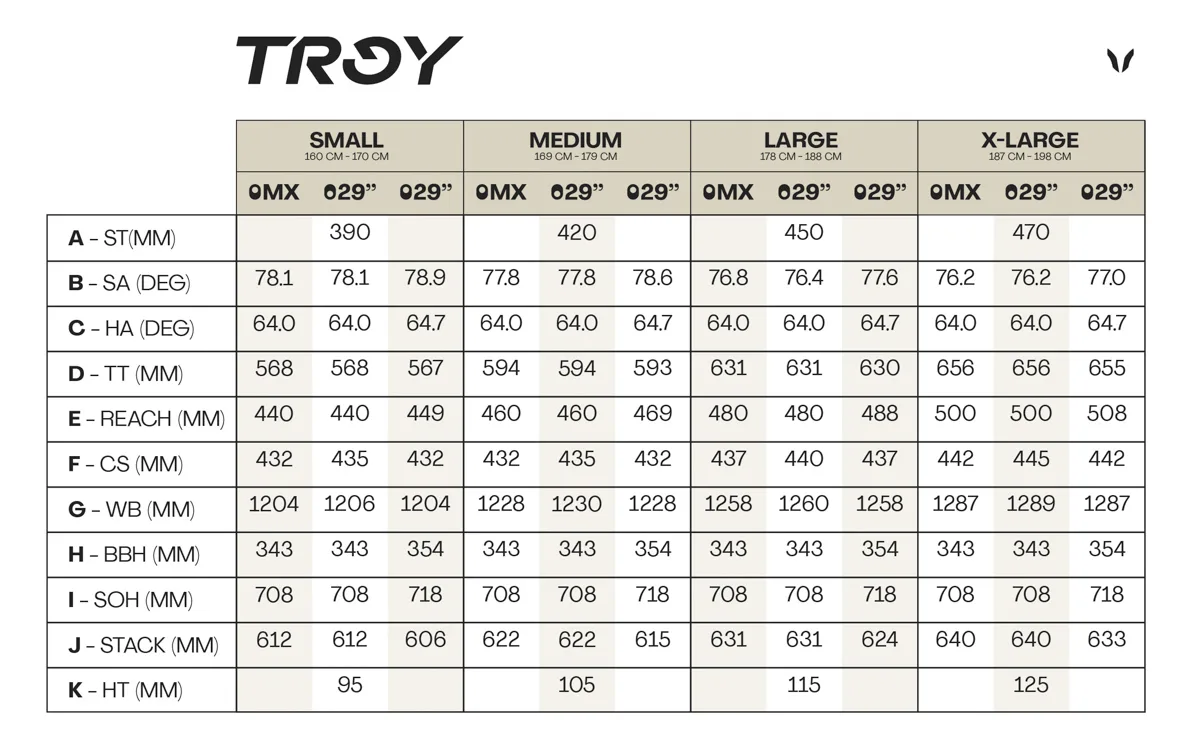 Devinci Troy Carbon, frame geometry chart