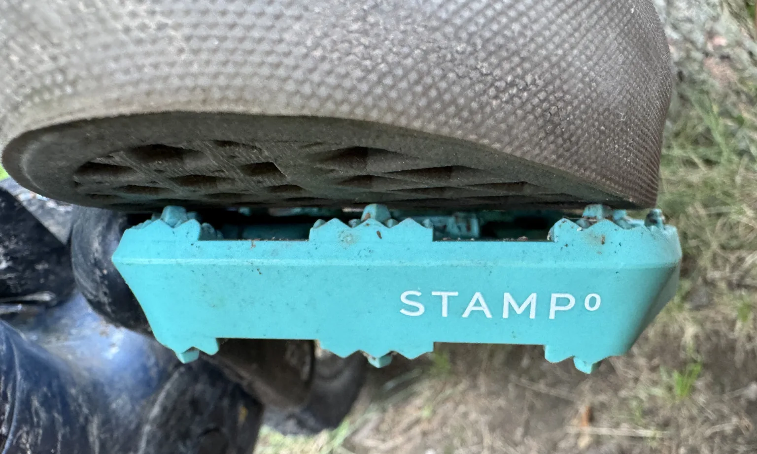 Crankbrothers Stamp 0 plastic platform pedals with grippy molded traction pins, on skate shoes