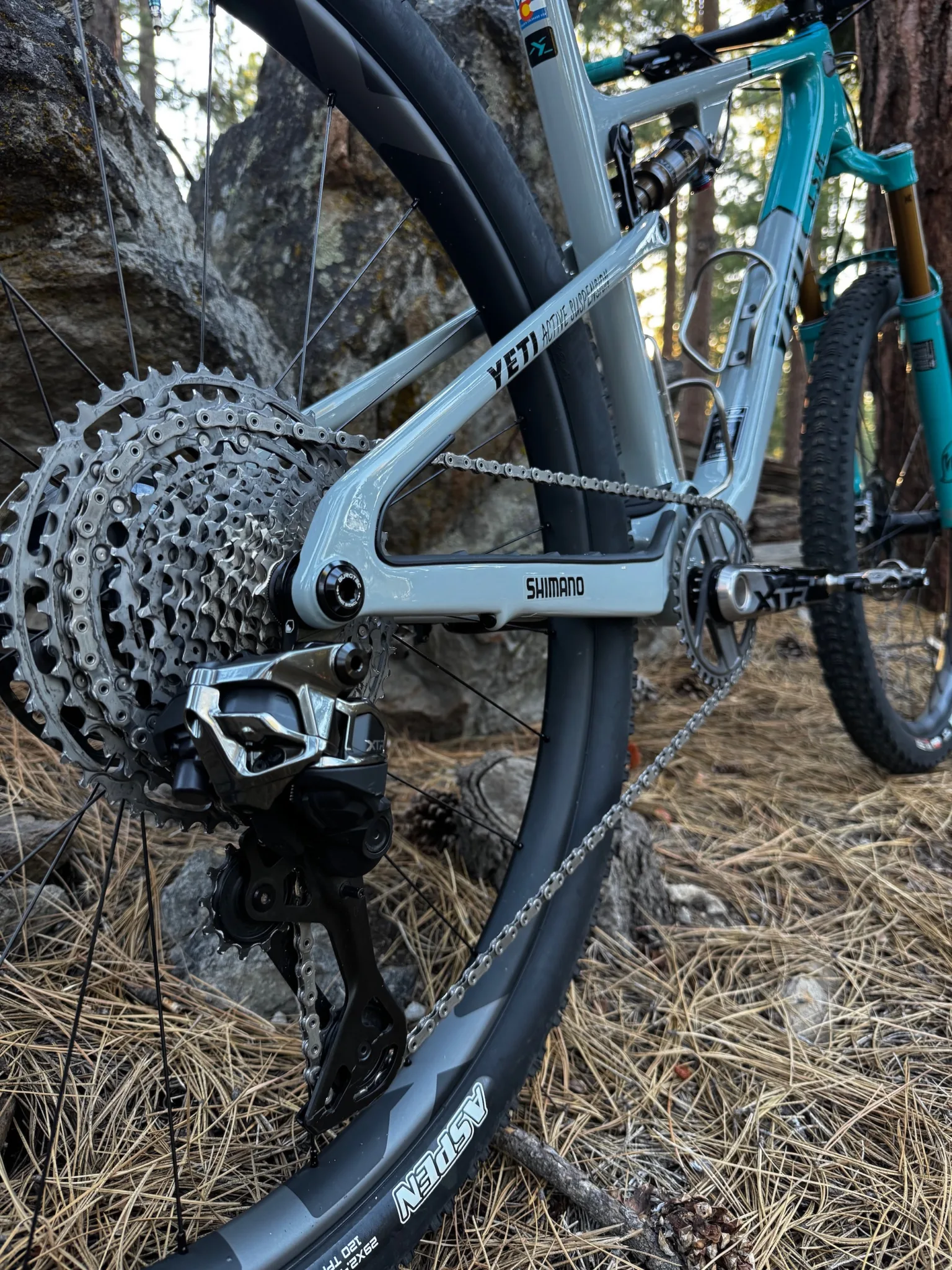 detail shot of the XTR Di2 drivetrain on Kabush's race bike.