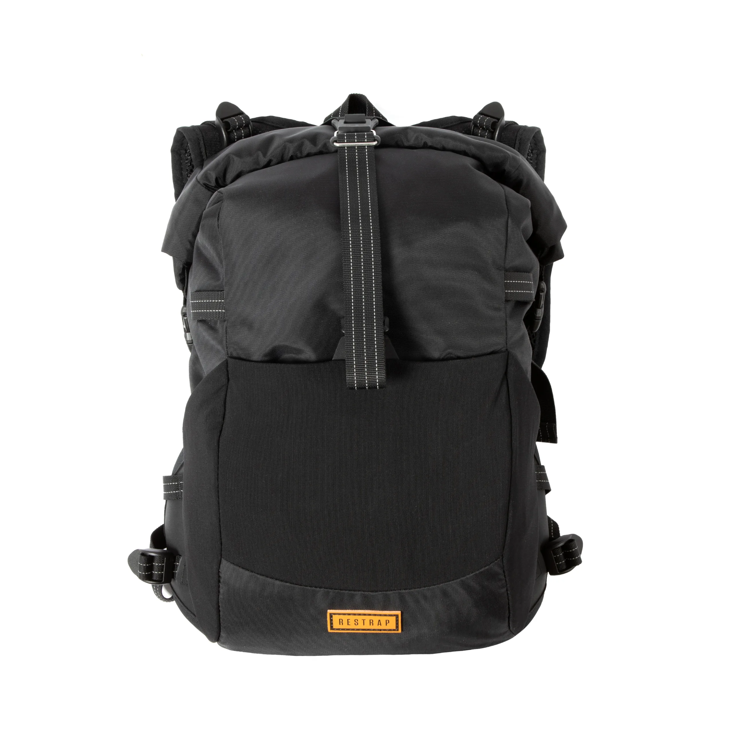 The back of a black Restrap Rolltop Hydration Vest backpack