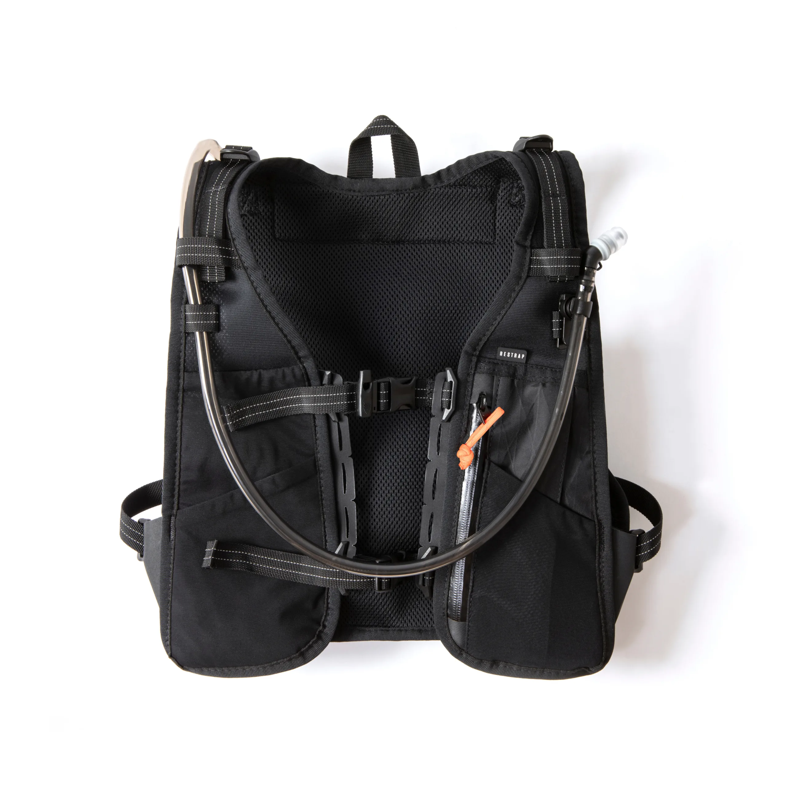 The front of a black Restrap Rolltop Hydration Vest backpack