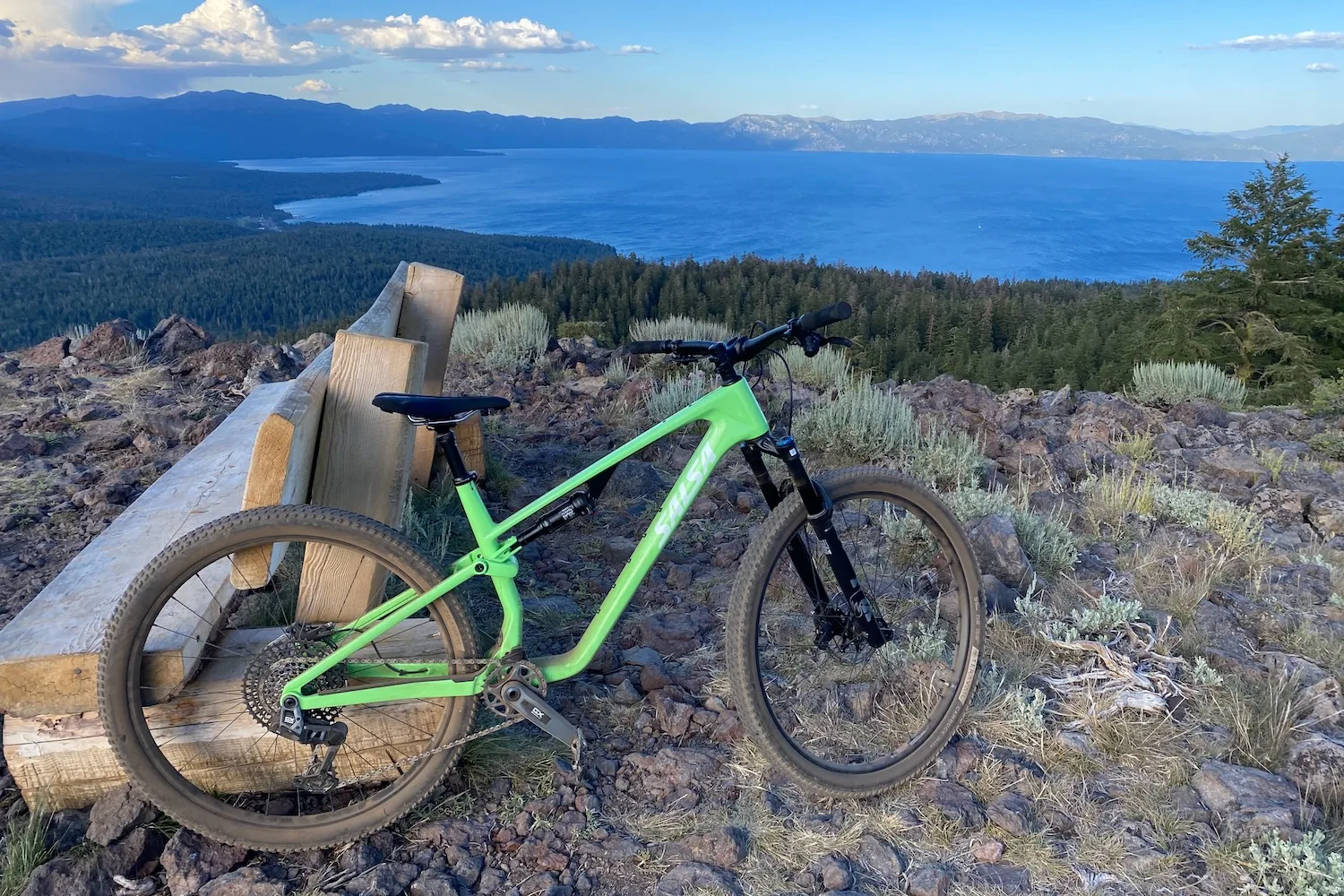 The Salsa Spearfish at the top of a mountain with lake Tahoe in the background