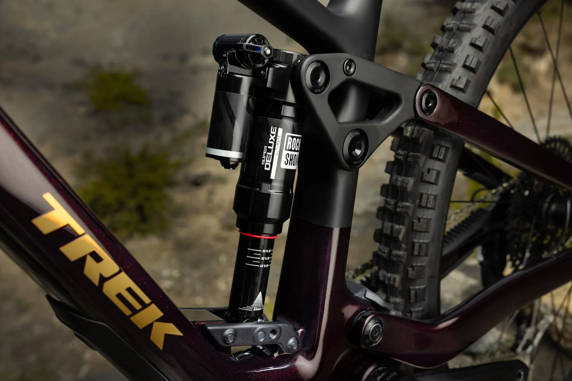 The rocker link and rear shock on the new Trek Fuel
