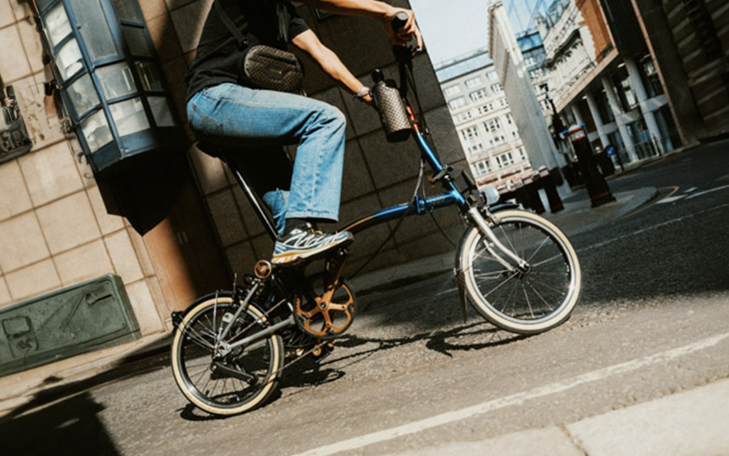 riding the Brompton 1975 in a town